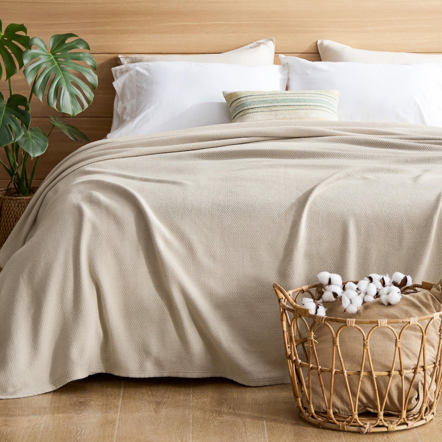 Bedsure GentleSoft 100% Cotton Blanket King Size for Bed - Cooling Breathable and Lightweight, Soft Cozy Textured Herringbone Woven Blanket for Summer, Linen Beige, 108x90 inches