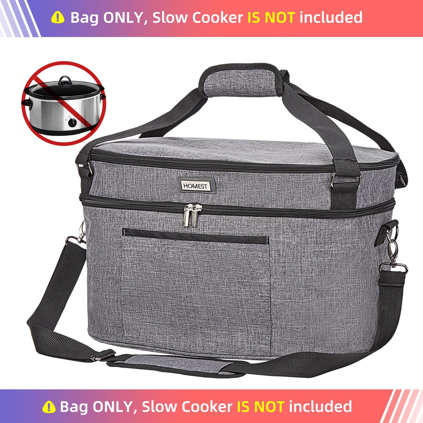 HOMEST Slow Cooker Bag for Crock-Pot 6-8 Quart, Insulated Travel Carrier with Easy to Clean Lining, Carry Case with Top Zip Compartment and Accessory Pocket