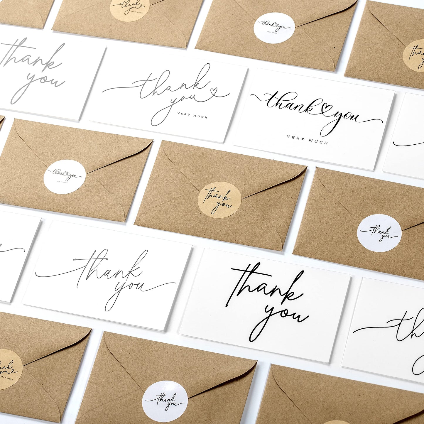 Layneria 100 Bulk Thank You Cards with Kraft Envelopes and stickers - 4 Minimalistic Designs Blank Thank You Notes with Envelopes for business Wedding Bridal Gift Baby Shower Business Graduation