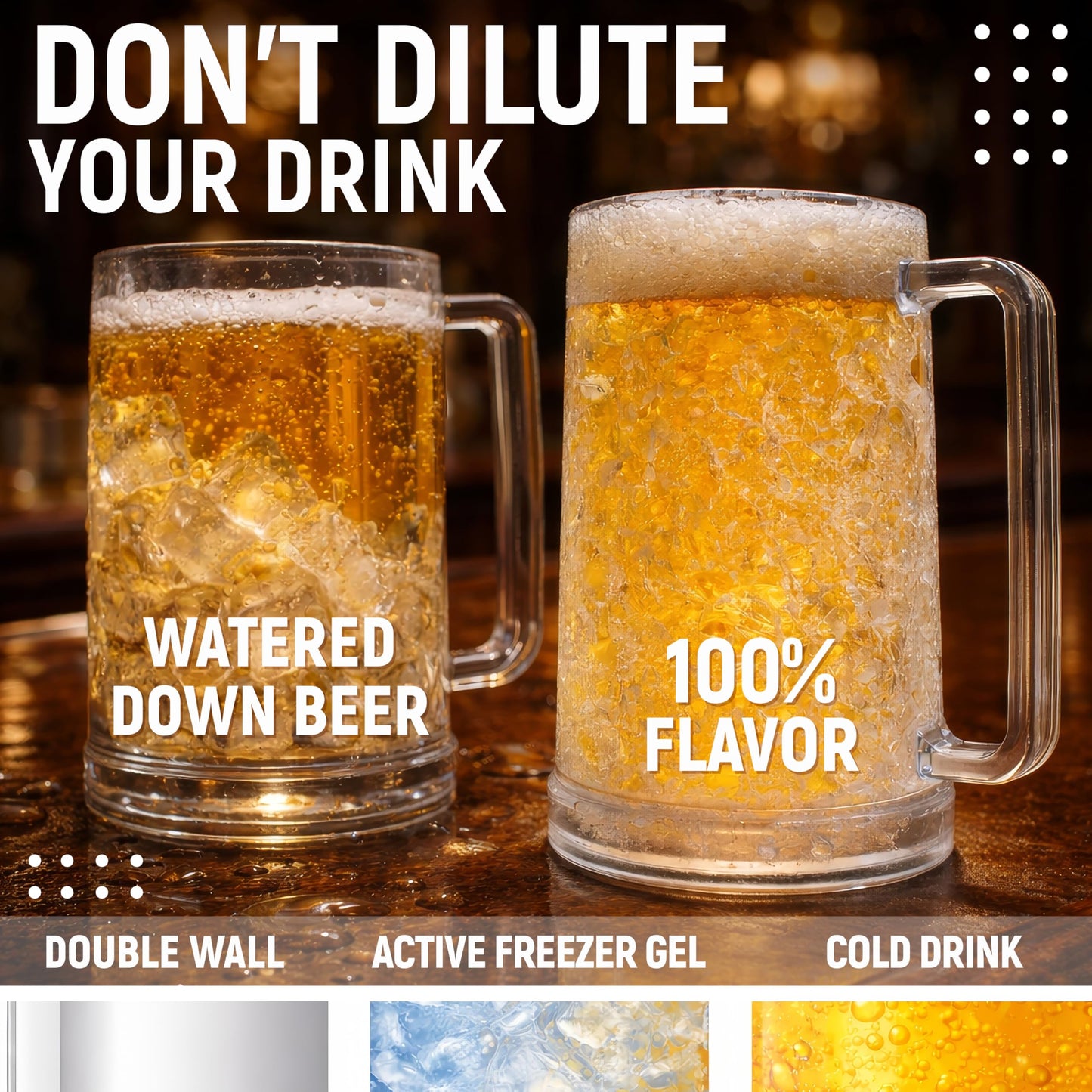 Granatan Freezer Beer Mugs Set of 4, 16 oz Double Wall Gel Mugs for Freezer, Acrylic Plastic Beer Stein with Handle, Ice Cold Glasses for Men, BBQ, & Pool Parties (Clear)