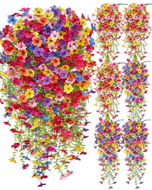 Serwalin 6PCS Artificial Hanging Flowers for Outdoors, UV Resistant Fake Hanging Plants, Realistic Weatherproof Outdoor Decor for Patio, Porch, Garden & Window (Multicolor,6PCS)