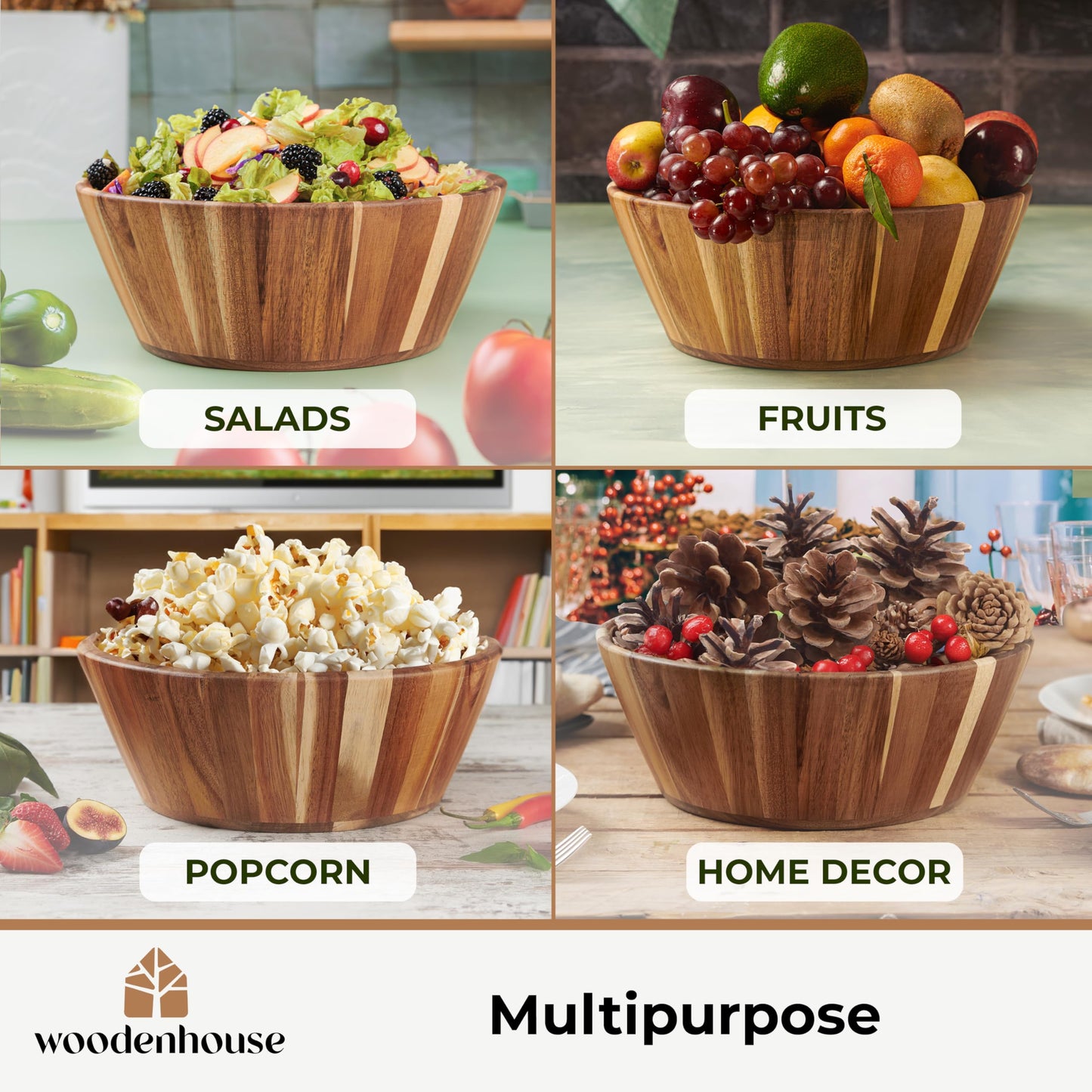 Woodenhouse Wooden Salad Bowl, Salad Bowl, Wooden Bowl - 12" Round Design Fruit Bowl, Handmade, Durable and Stylish Natural Wood Dining Accessory