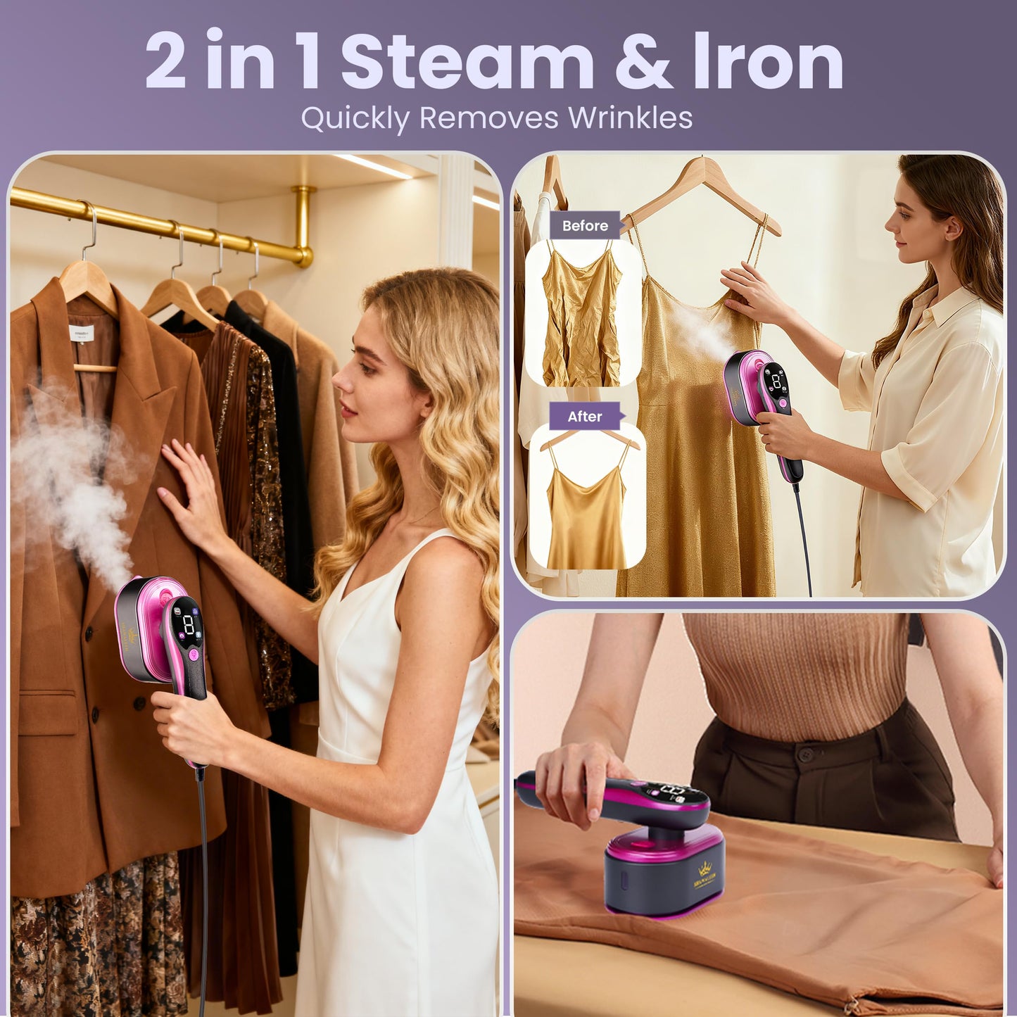Travel Steamer for Clothes with Ironing Gloves, All-Fabric Wrinkle Removal 4 Adjustable Modes, 10s fast Heat Up, Large Ceramic Heat Panel, 100ml water tank, 2in1 Steamer Iron1200W (110-120V) (PINK)