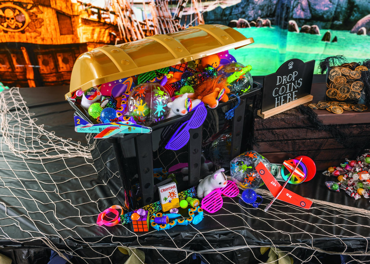 Fun Express Large Plastic Toy Treasure Chest - Premium Classroom Storage Prize Box for Teachers | Pirate-Themed Reward Container with Secure Lid | Black & Gold Design | 19" x 11.5" x 11" Capacity