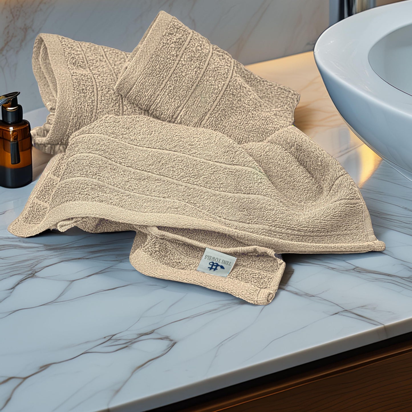 Tens Towels Pack of 6 Hand Towels, 100% Cotton, Lighter Weight, Quick to Dry, 16 x 28 Inches, Super Soft & Absorbent, Perfect for Bathroom & Kitchen (Beige)