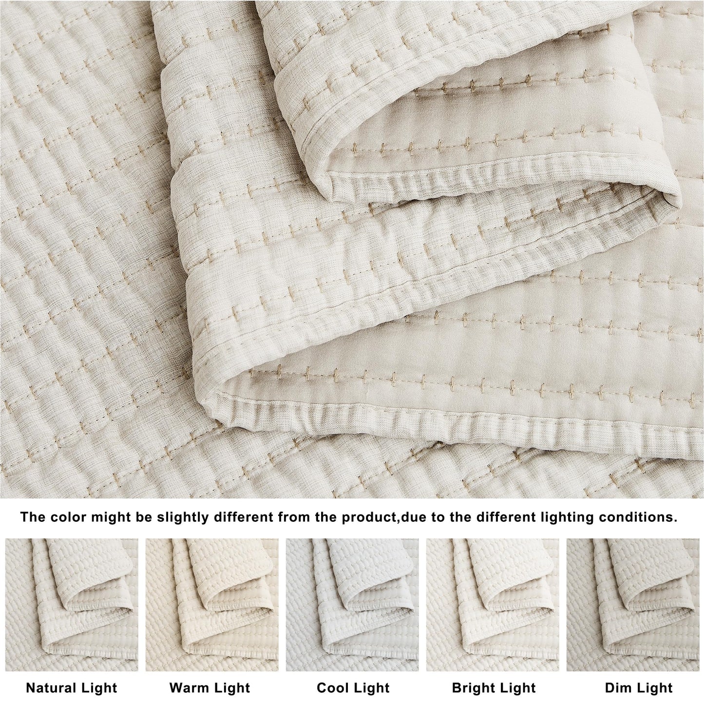 WDCOZY Beige Pick Stitch King Size Quilt Set, Striped Lightweight Soft Summer Spring Bedspread, Bamboo Linen Like Textured Coverlet, Chambray Farmhouse Country Rustic Bedding, Netural Thin Comforter
