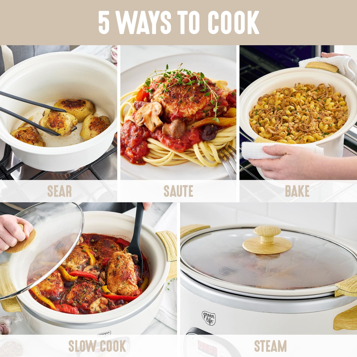 GreenLife 3.5QT Slow Cooker, PFAS-Free Non-Toxic Ceramic Nonstick Removable Interior Bowl, Programmable, Keep Warm, Stovetop & Oven Safe Pot, Dishwasher Safe Crock & Glass Lid, Cream