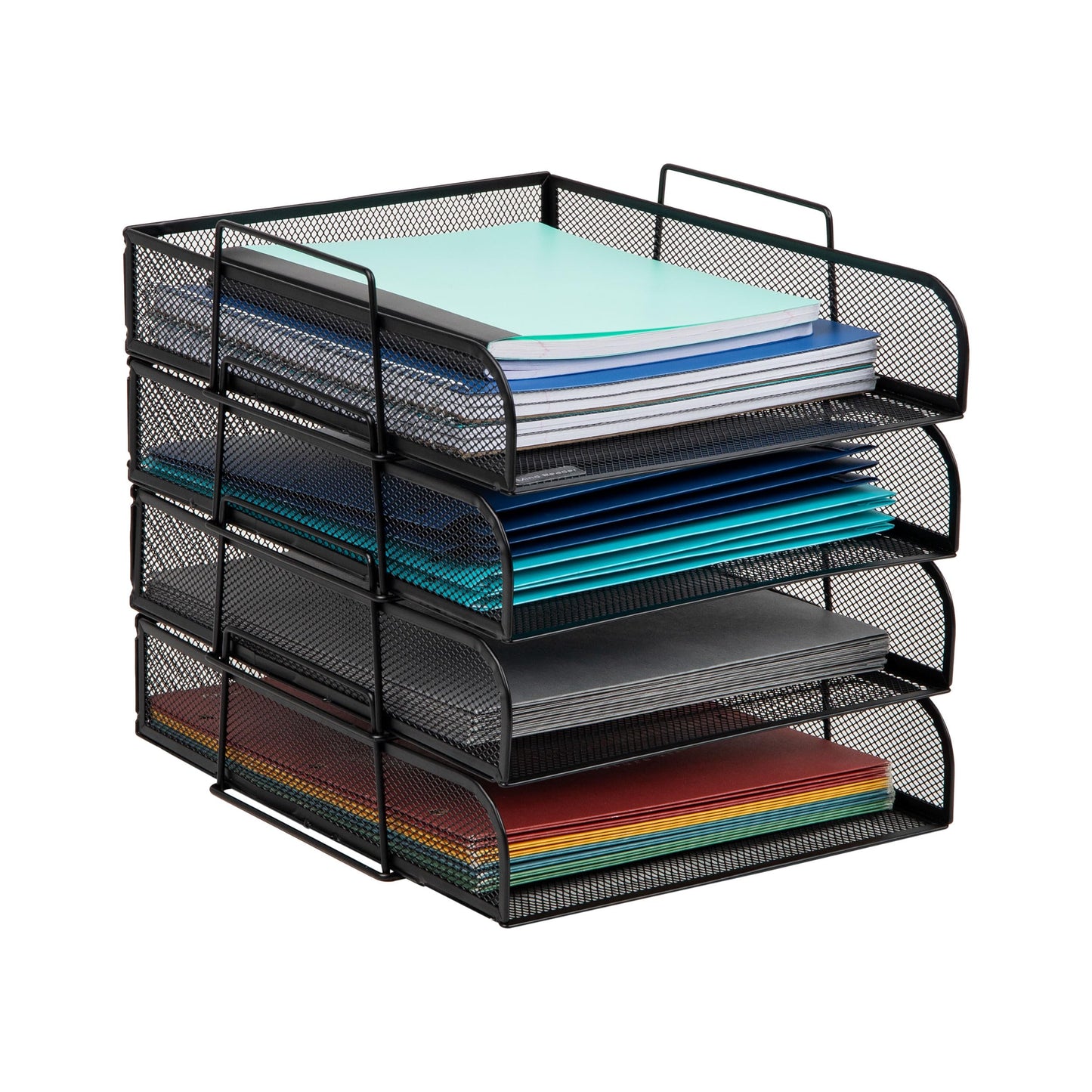 Mind Reader Stackable Paper Tray, Desktop Organizer, File Storage, Office, Metal Mesh, 10.5" L x 13.5" W x 11.25" H, 4 Pcs., Black