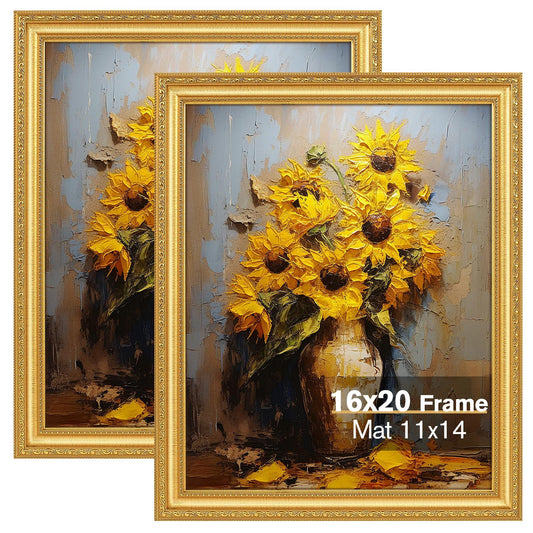 Splinterix 16x20 Gold Picture Frames Set of 2, Ornate Vintage 16 x 20 Photo Frames for Wall Decor or Tabletop Display, Gold Frames with Plexiglass, Display 11x14 Pictures with Mat or 16x20 without Mat for Antique Déco