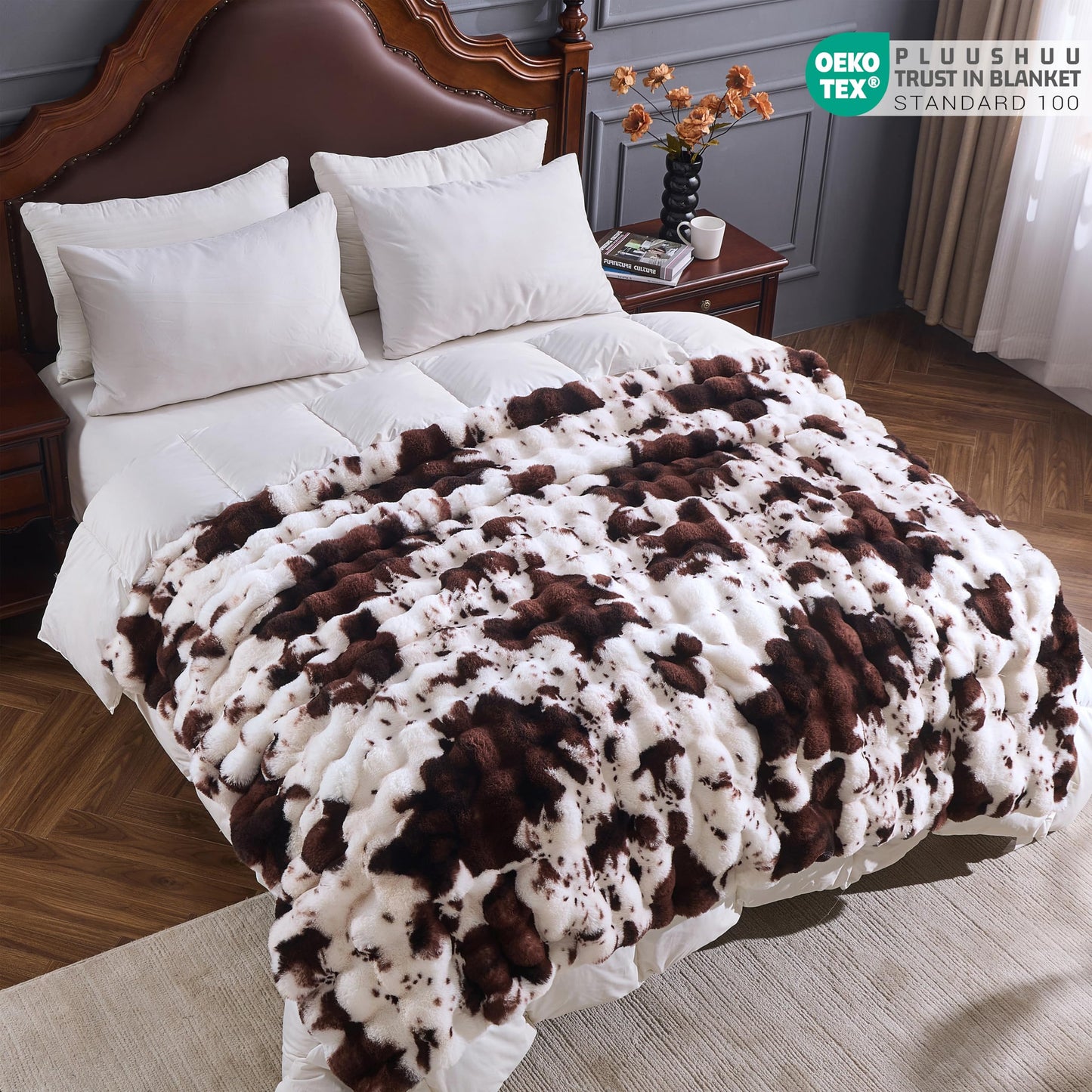 PLUUSHUU Faux Fur Throw Blanket for Couch, Fluffy Fuzzy Plush Bubble Blanket, Soft Warm Cozy Shaggy Rabbit Blanket, Luxury Decorative Gifts for Sofa Bedroom Living Room, 60x50inch (Cow Print-Brown)
