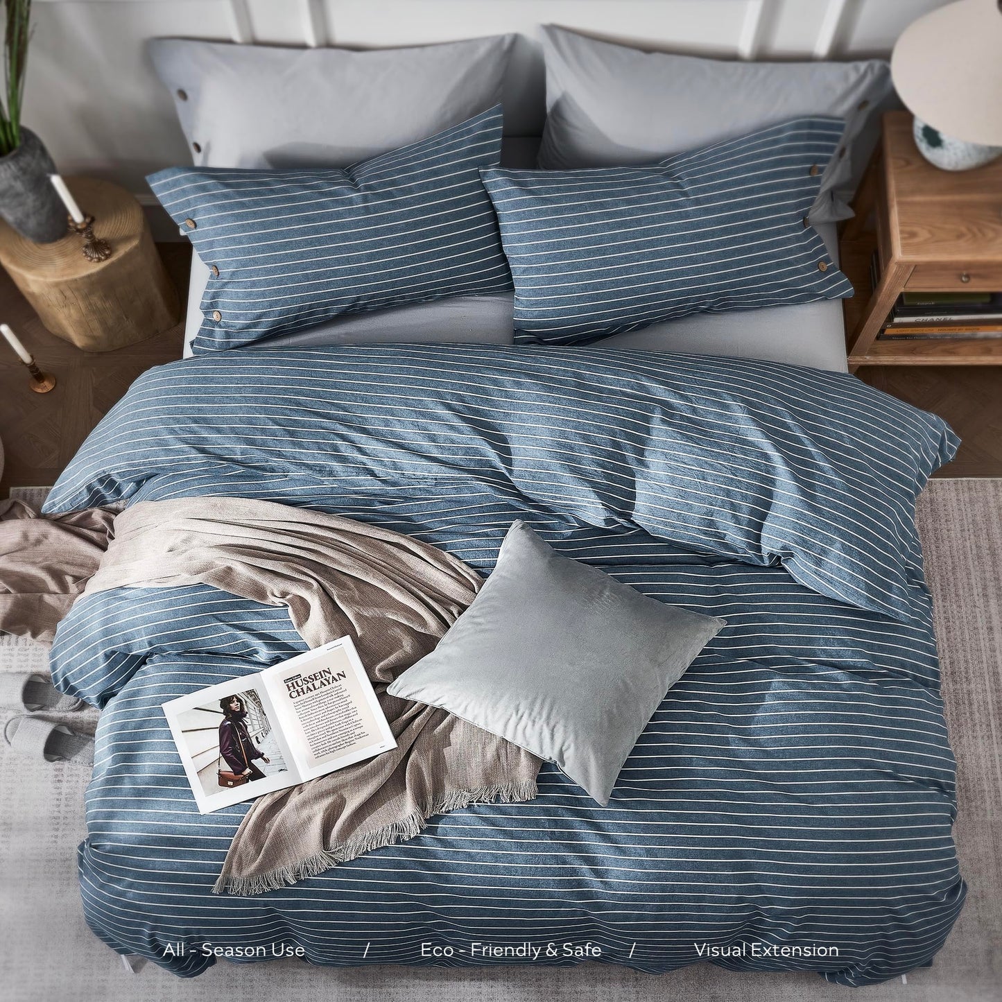 JELLYMONI Washed Cotton Duvet Cover Queen Size – Breathable & Cozy Bedding Set for Modern Homes, Dorms & Guest Rooms, Blue Striped Comforter Cover with Button Closure, 1 Duvet Cover & 2 Pillowcases