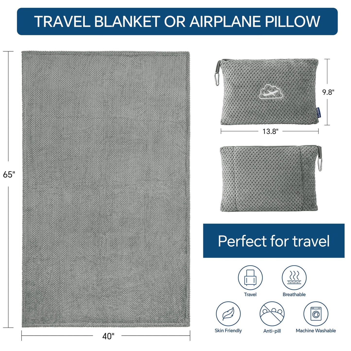BEDELITE Travel Blanket with Bag, Ultra-Soft Jacquard Fleece Blanket with Luggage Sleeve & Backpack Clip, Airplane Blanket Travel Essentials, Grey