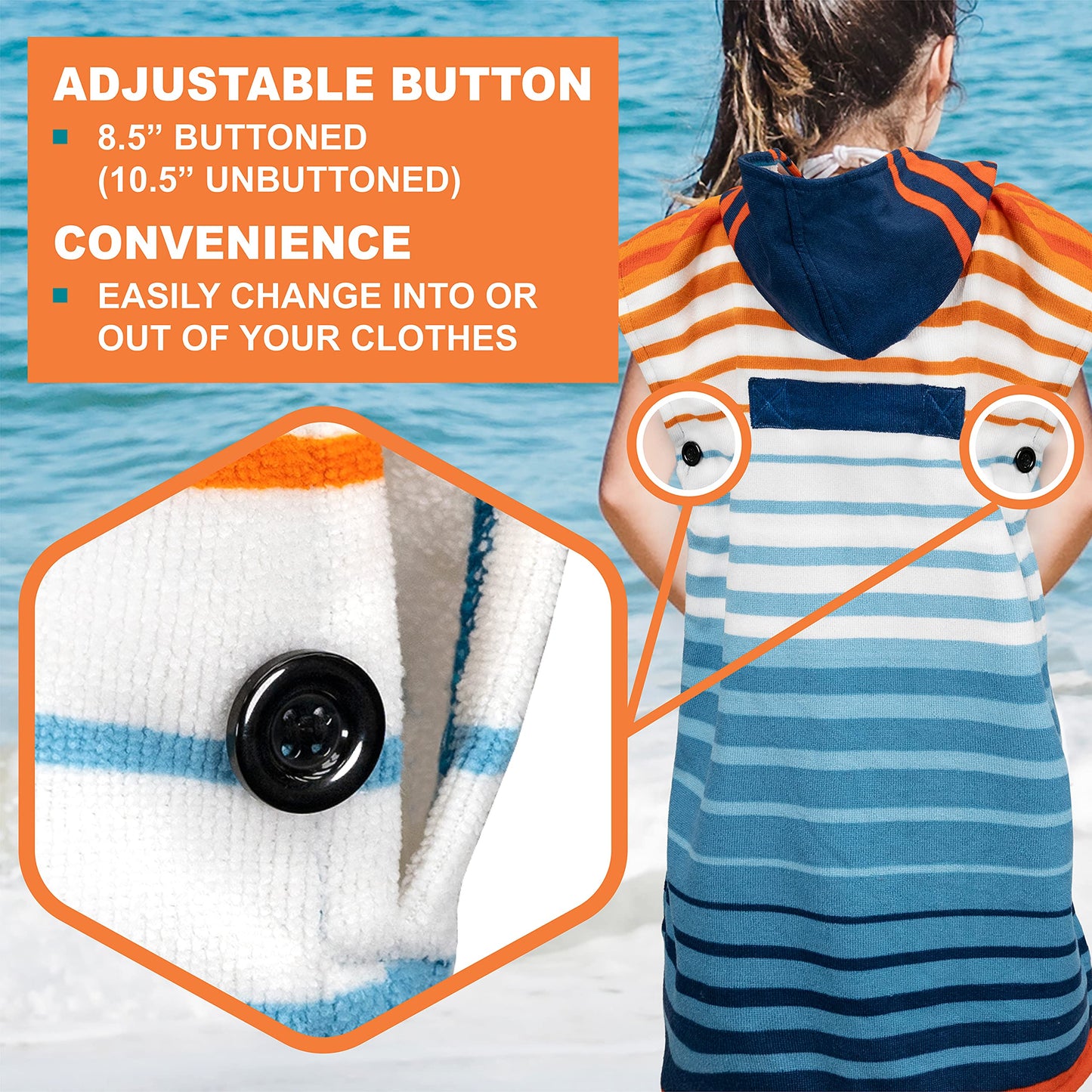 SUN CUBE Kids Changing Robe Surf Poncho, Kids Beach Towels, Hooded Towel for Teens Bath Pool, Microfiber Quick Dry Wearable Towel Poncho with Hood, Swim Towel for Girls 8-12 Years, Orange Stripe