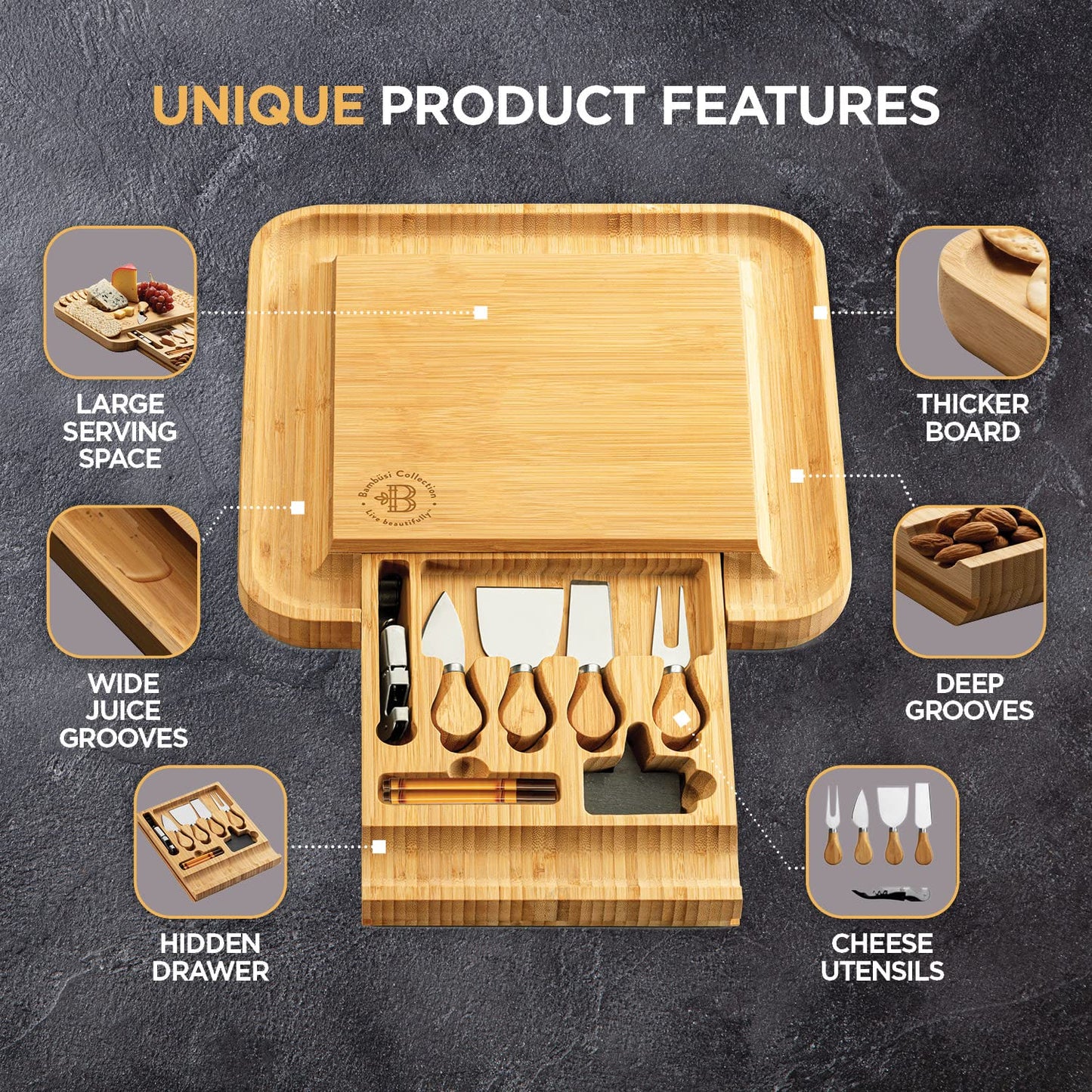 Bambüsi Charcuterie Boards - Large Bamboo Cheese Board Set with Knives for Serving Meat + Cheese Platter - House Warming Gifts for New Home, Wedding, Bridal Shower, Birthday Gifts for Women, Hostess