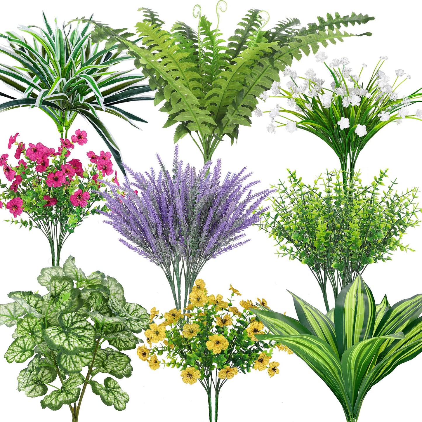 Roberly 20 Pcs Artificial Plants Outdoor, Fake Plants UV Resistant Greenery Stems Plastic Leaves Faux Flowers Bushes for Spring Summer Table Patio Front Porch Garden Indoor Outdoor Home Decor