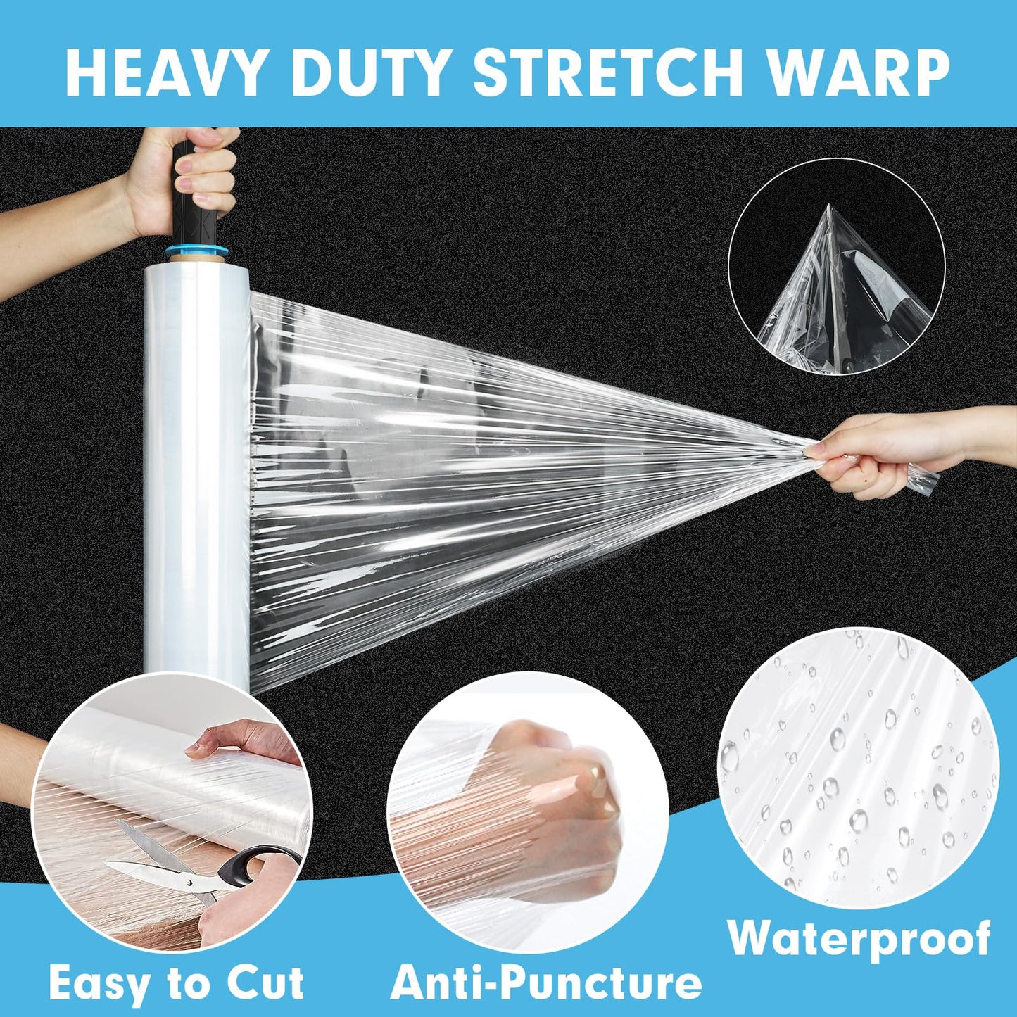 Stretch Film, PANDRI 2 Rolls Stretch Wrap with Handles Industrial Strength, Clear Shrink Wrap, Plastic Wrap for Moving Pallet Wrap, 15" x 1200 Ft Per Roll, 60 Ga, 2 Handles
