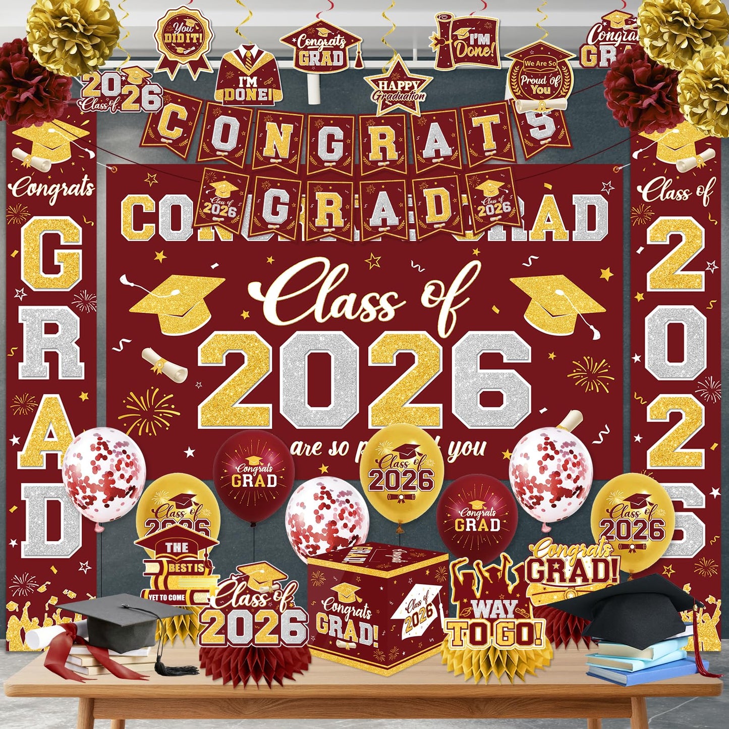 Graduation Decorations Class of 2026 Maroon and Gold Graduation Decorations with Congrats Grad Banner,Backdrop,Porch Sign,Balloons,Hanging Swirls,Honeycomb Centerpieces,Box for Graduation Party Decor