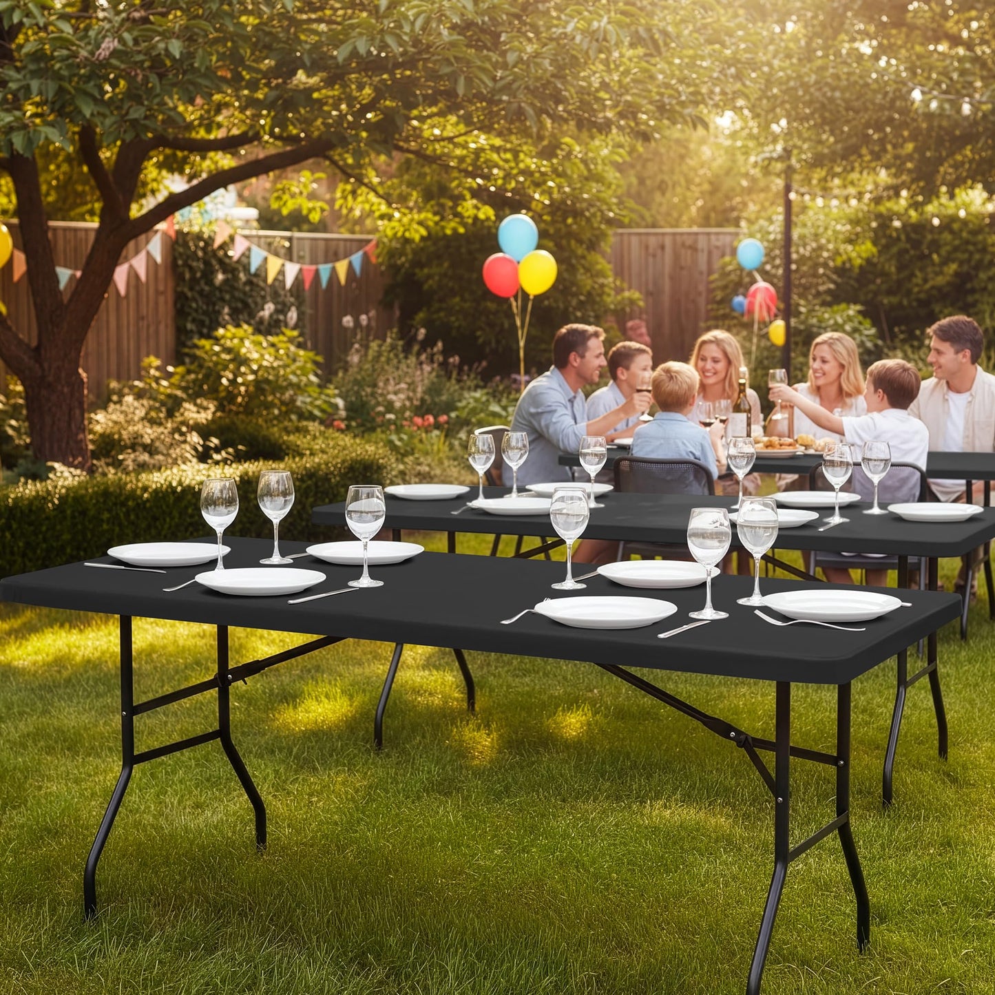 RichSets 6ft Fitted Tablecloth Rectangle - 6 Pack Outdoor Picnic Table Covers with Elastic, Washable Folding Table Protector for Party Banquet Graduation, 30x72 Inch, Black