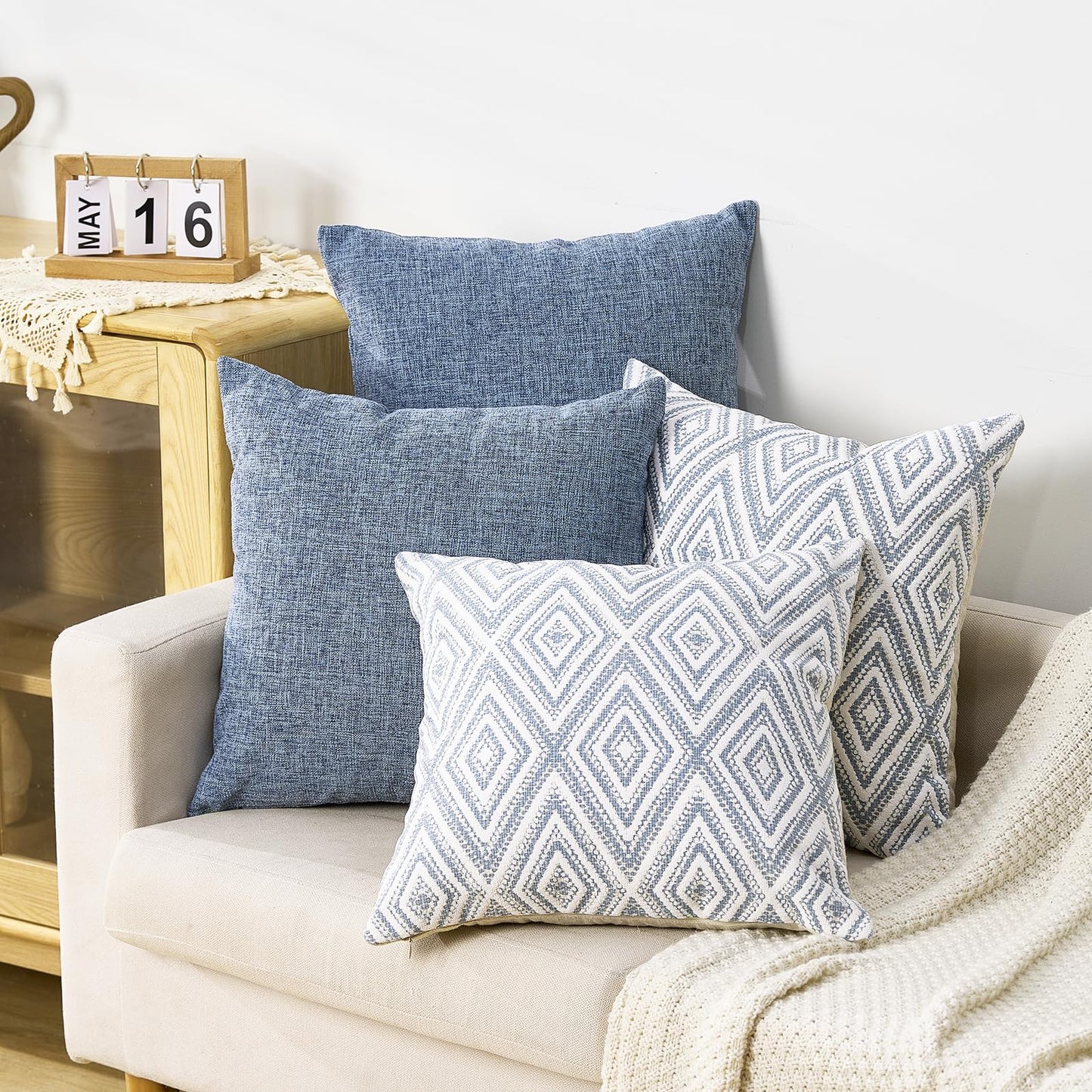 HPUK Decorative Throw Pillow Covers Set of 4 Square Couch Pillows Linen Cushion Cover for Couch Sofa Living Room, 18"x18" inches, Blue