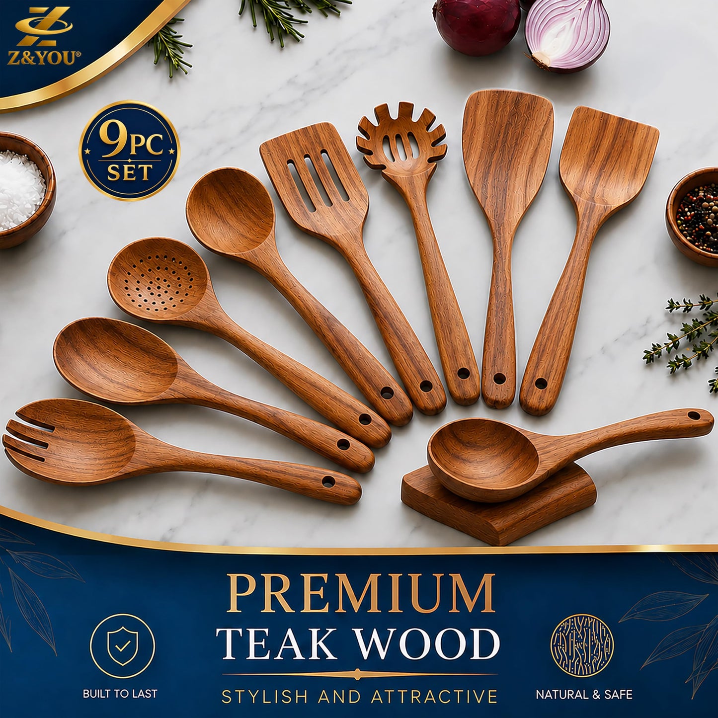 9-Piece Teak Wooden Utensil Set – Wooden Spoons for Cooking with Spoon Rest, Wooden Spatula, and Non Toxic Cooking Utensils – Premium Kitchen Utensils Set for Daily Use