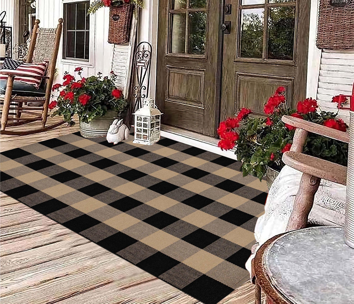 Washable Outdoor Rug 3'x5',Black and Tan Checkered Rug Cotton Woven Washable Farmhouse Front Door Mat Outdoor for Entryway,Patio,Bedroom,Hello Welcome Mat