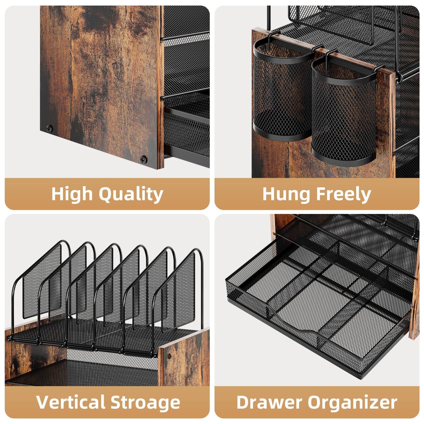 Marbrasse Desk Organizer with Drawer, 4-Tier Wooden File Organizer with 5 Vertical File Holders and 2 Pen Holders, Desk Organizers and Accessories for Home Office - Dark Brown