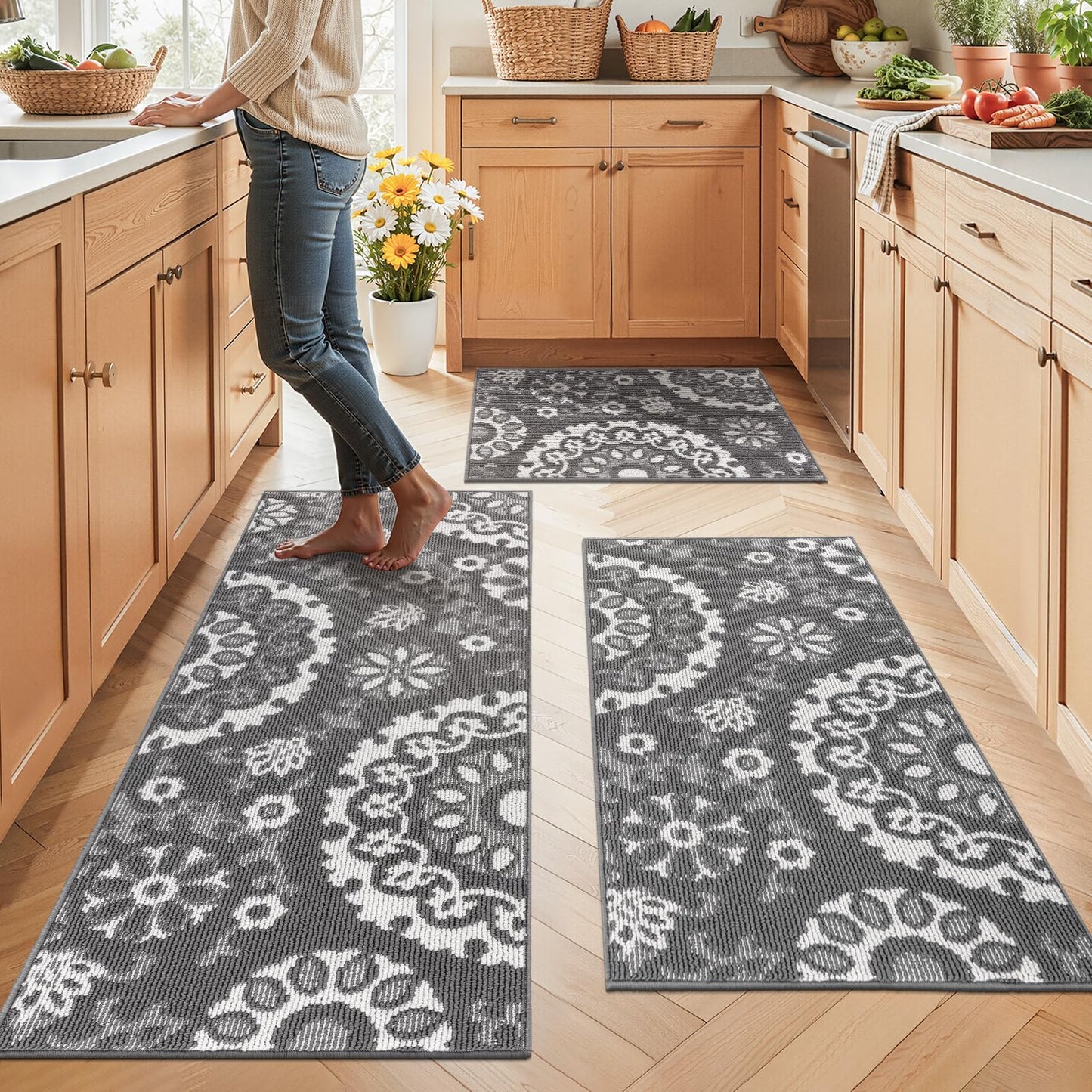 Yamaziot Washable Kitchen Rug Sets of 3, Non Slip Kitchen Mats for Floor, High-Low Textured Kitchen Runner Absorbent Stain Resistant Floor Carpet for Hallway, Laundry, Sink (Grey, 2x3+2x4+2x5ft)