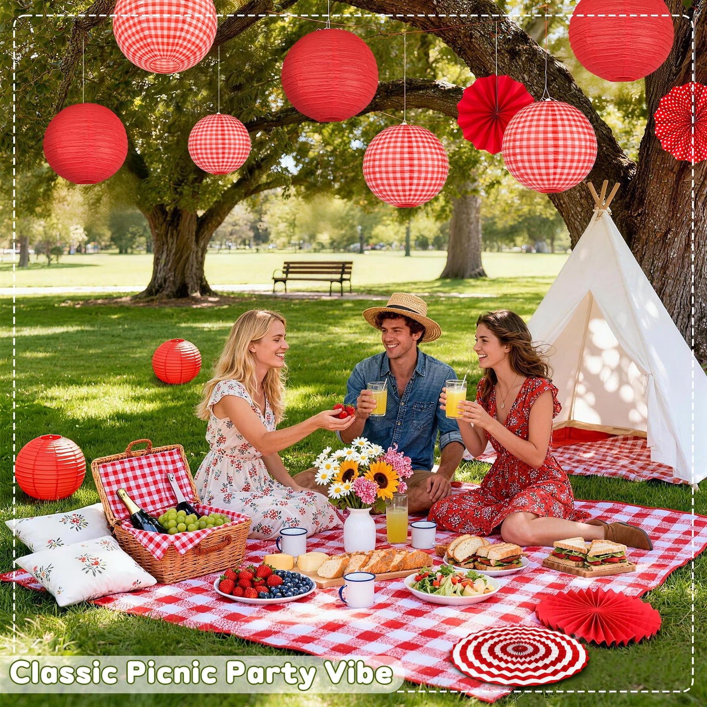 15 Pcs Red Gingham Party Decorations, 12 Inch Hanging Paper Lanterns and Fans for Picnic, BBQ, Pizza Party, Crawfish Boil, Birthday, Baby Shower, Graduation