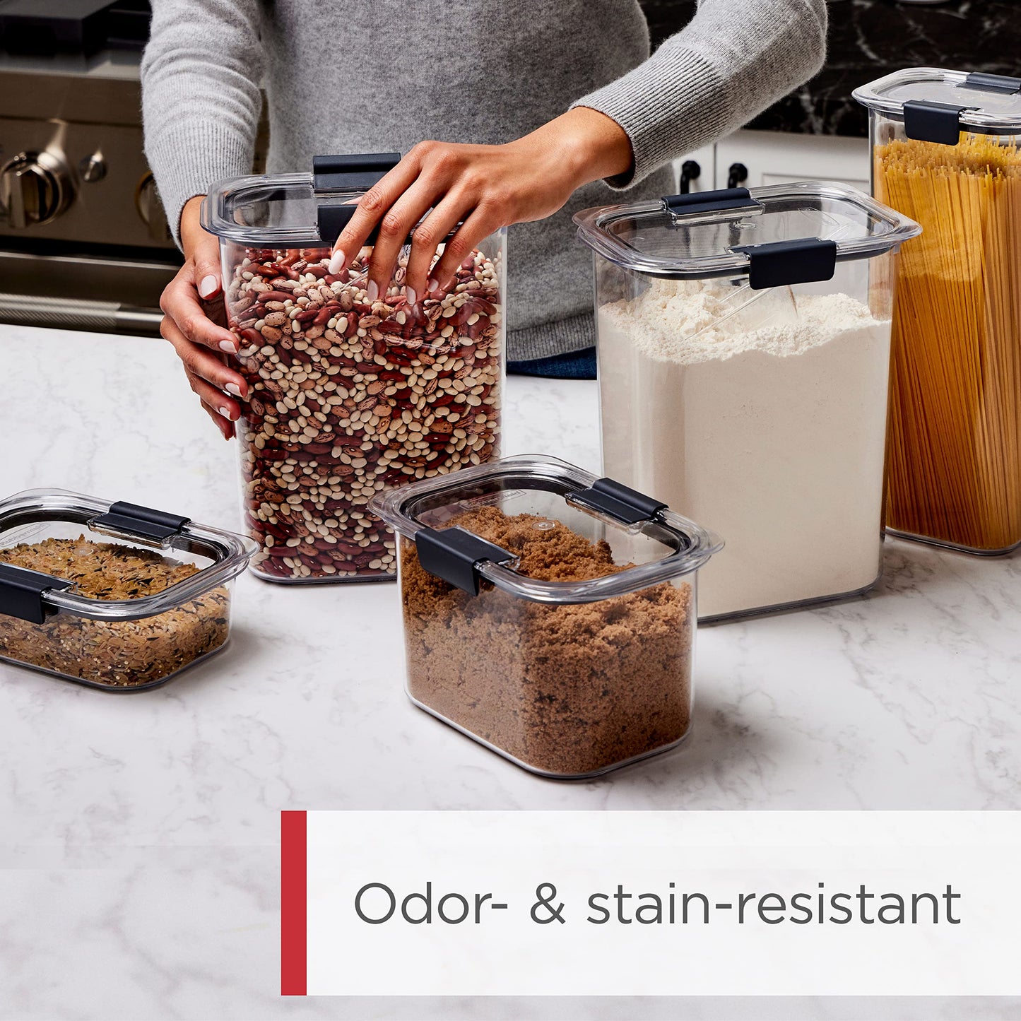 Rubbermaid Brilliance BPA-Free Food Storage Containers with Lids Airtight Kitchen and Pantry Organization Set Includes 3 Containers and Scoops Clear 16 cups
