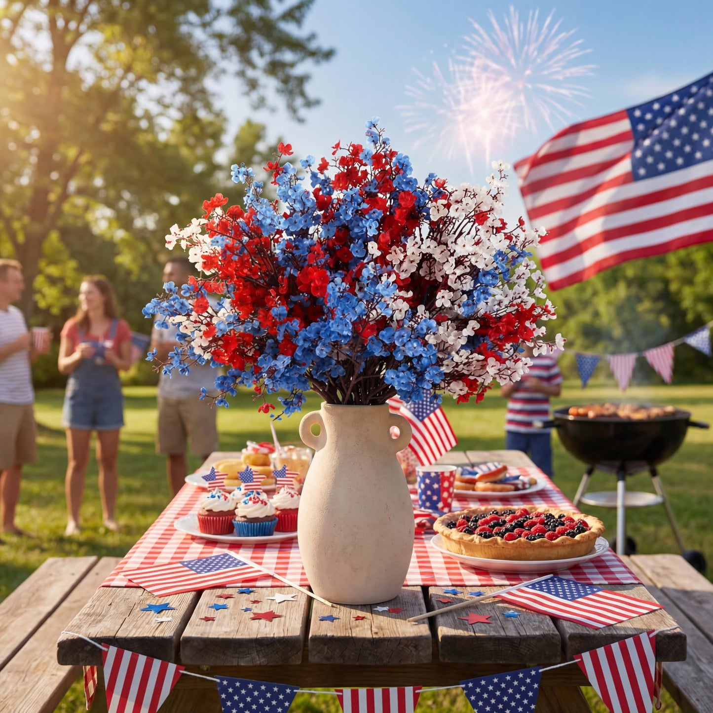 Lyrow 48 Pcs Red Blue White Patriotic Artificial Flowers 4th of July Table Centerpieces Decor Fake Babys Breath Pick Stems Floral Arrangement for 250th Anniversary Veterans Day Home Outdoor