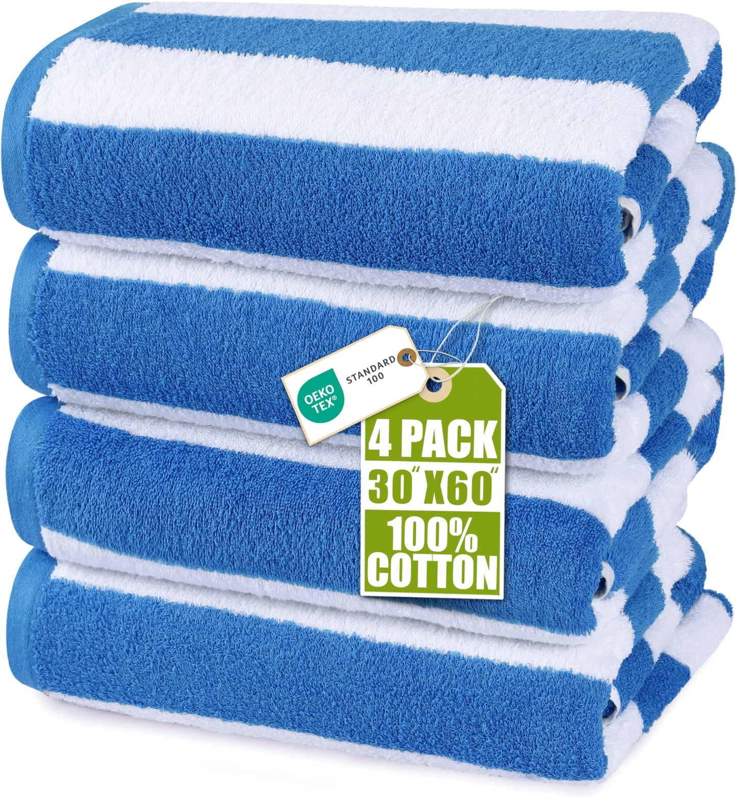 Utopia Towels Pack of 4 Cabana Beach Towels, Oversized 30 x 60 Inches Cotton Beach Towel Set, Smooth Ring Spun Texture for Pool and Swim Days, Modern Striped Design Bath Towels, Blue