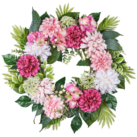 24-Inch Spring Wreath for Front Door with Hydrangeas Dahlias Daisy Silk Flowers and Berry Greenery for All Seasons Indoor Outdoor Wedding Farmhouse Porch Wall Living Room Home Wedding Decor