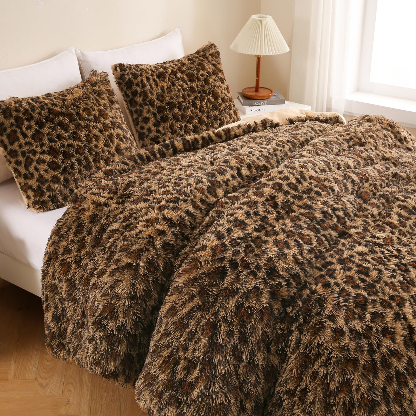 Melo10PM Cheetah Print Fluffy Faux Fur Comforter Set Full Size, 3 Pieces Brown Leopard Plush Shaggy Fuzzy Bedding Set, Ultra Soft Luxury Furry Boho Animal Print All Season Comforter for Women Girls