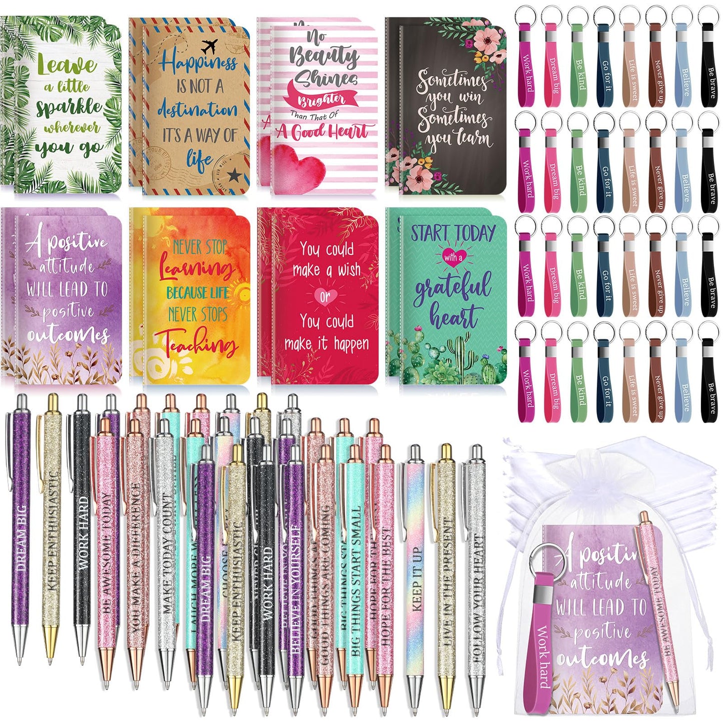 Pajean 128 Pcs Inspirational Gifts Bulk Motivational Notebooks Journal Ballpoint Pens Positive Keychains Organza Bags for Students Teachers Employee School Office Prizes Favors Supplies (Stylish)