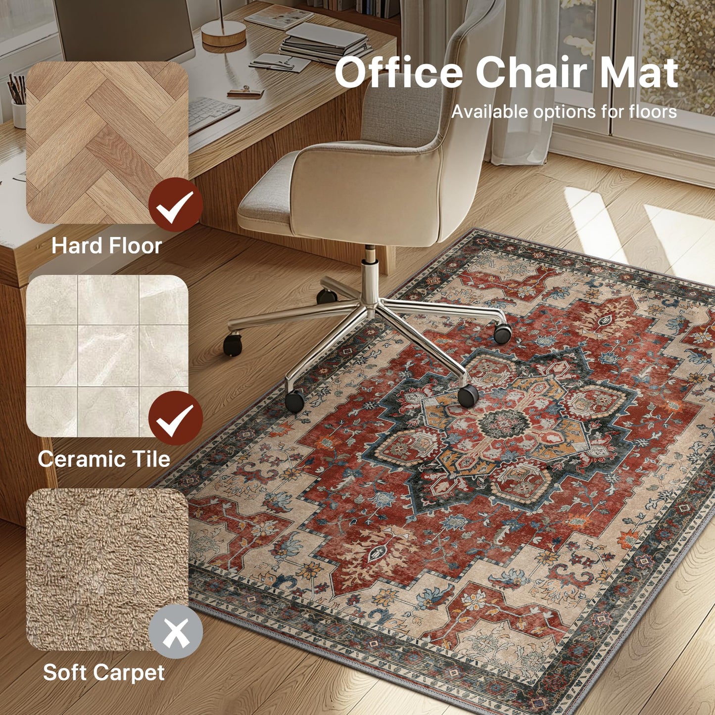 36"x48" Office Chair Mat for Hardwood Tile Floor, Under Desk Carpet Protector for Rolling Computer Chair Mat, Machine Washable Area Rug, Anti-Slip 1/5" Thick Low Pile Thin Vinyl Floor Mat, Annatto