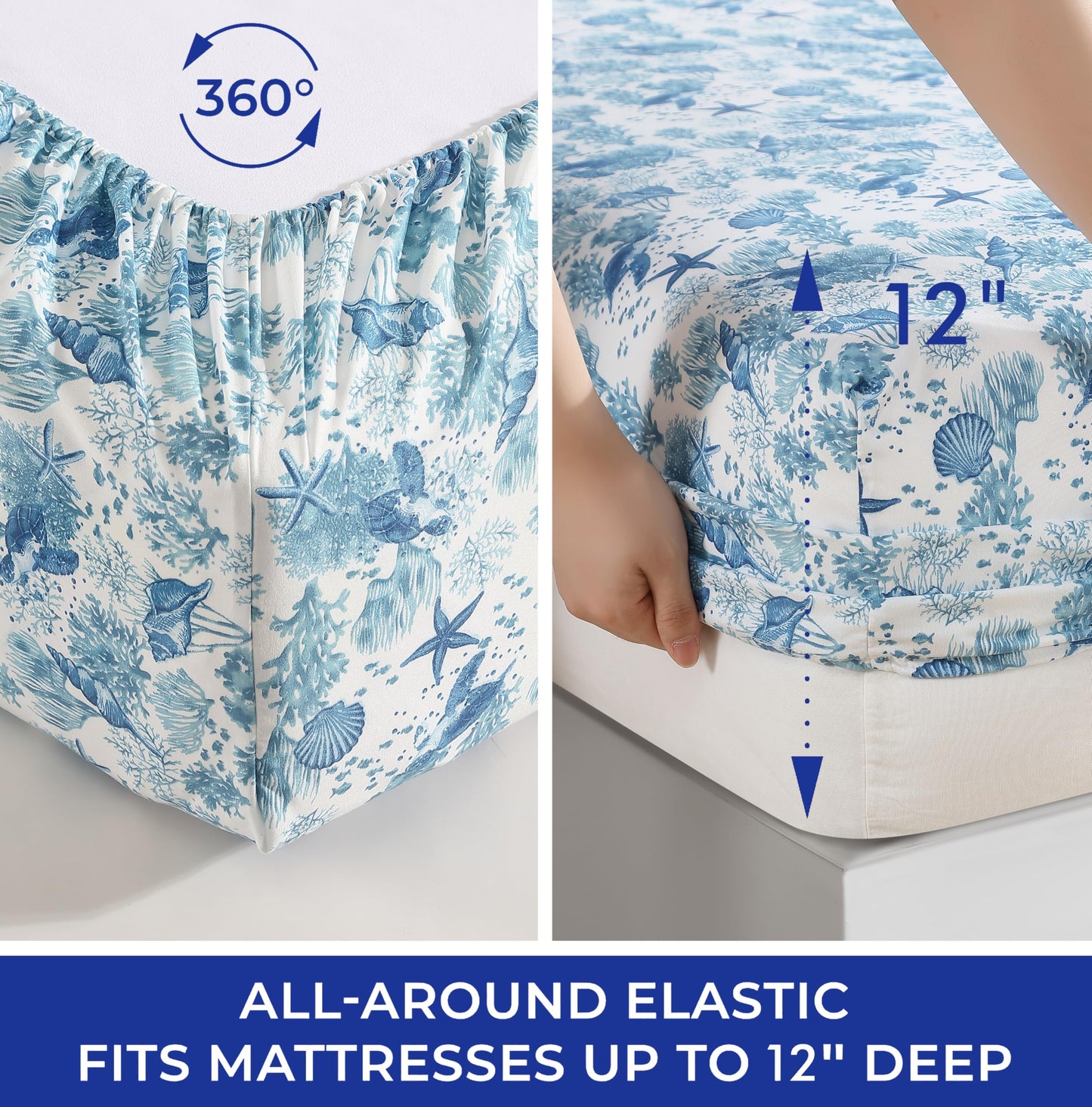 Beatrice Home Fashions Coastal Print Microfiber Sheet Set, Soft, Comfy, 12" Deep Pockets, Queen, Nautical Turtles