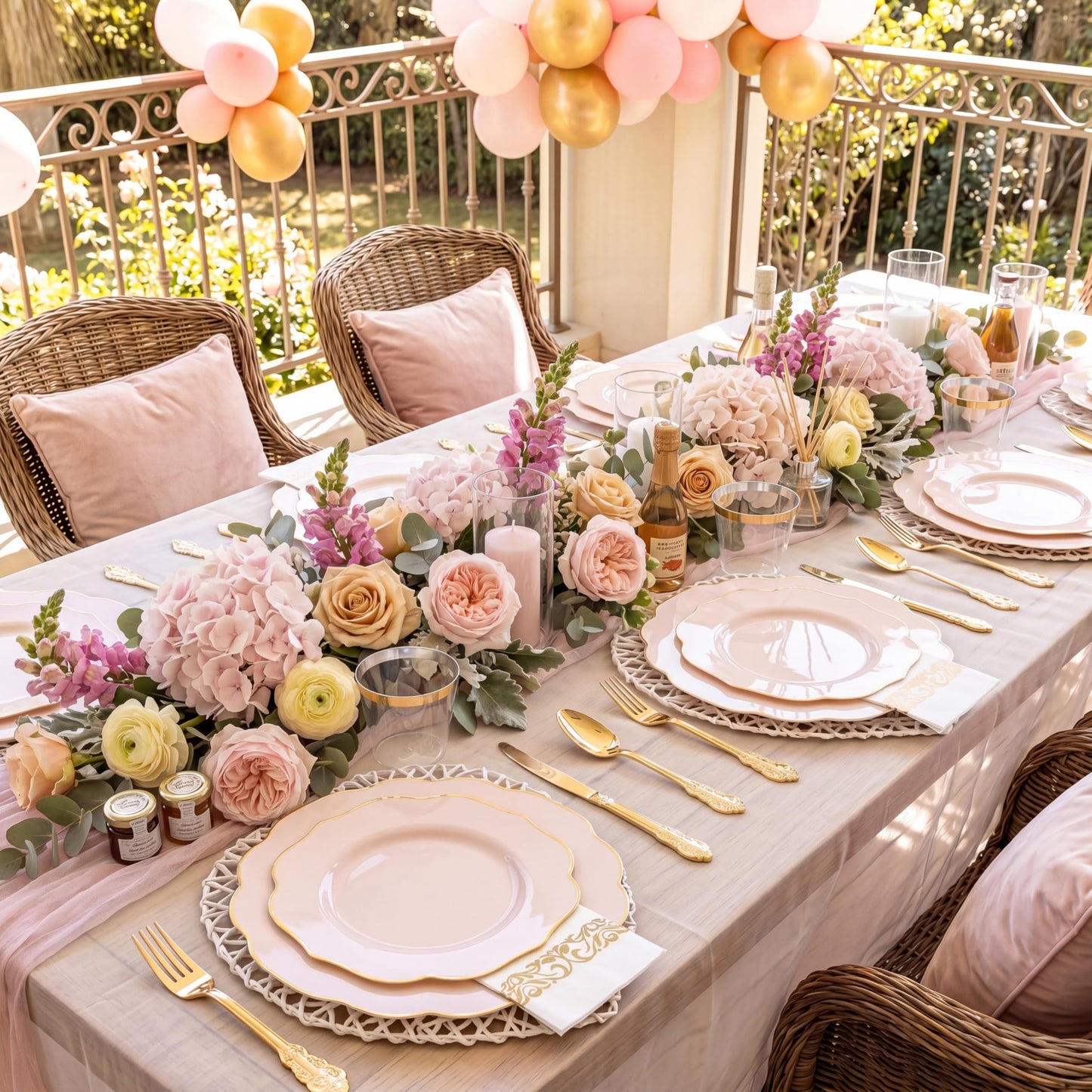 NOCCUR 175PCS Pink Plates with Gold Disposable Silverware - Include 50 Pink Plastic Plates,25 Knives,25 Forks,25 Spoons,25 Cups and 25 Napkins - Ideal for Party/Wedding/Banquet/Baby Shower