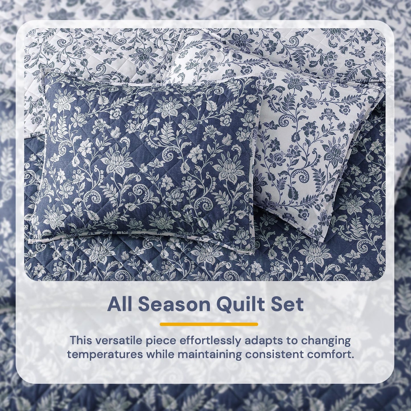 BLOOMHAVEN Quilt Set Queen Size, Oxford Blue Floral Quilt Sets, Reversible Bedspread Lightweight and Breathable for All Seasons, Soft Quilted Bedspread with 2 Pillow Shams