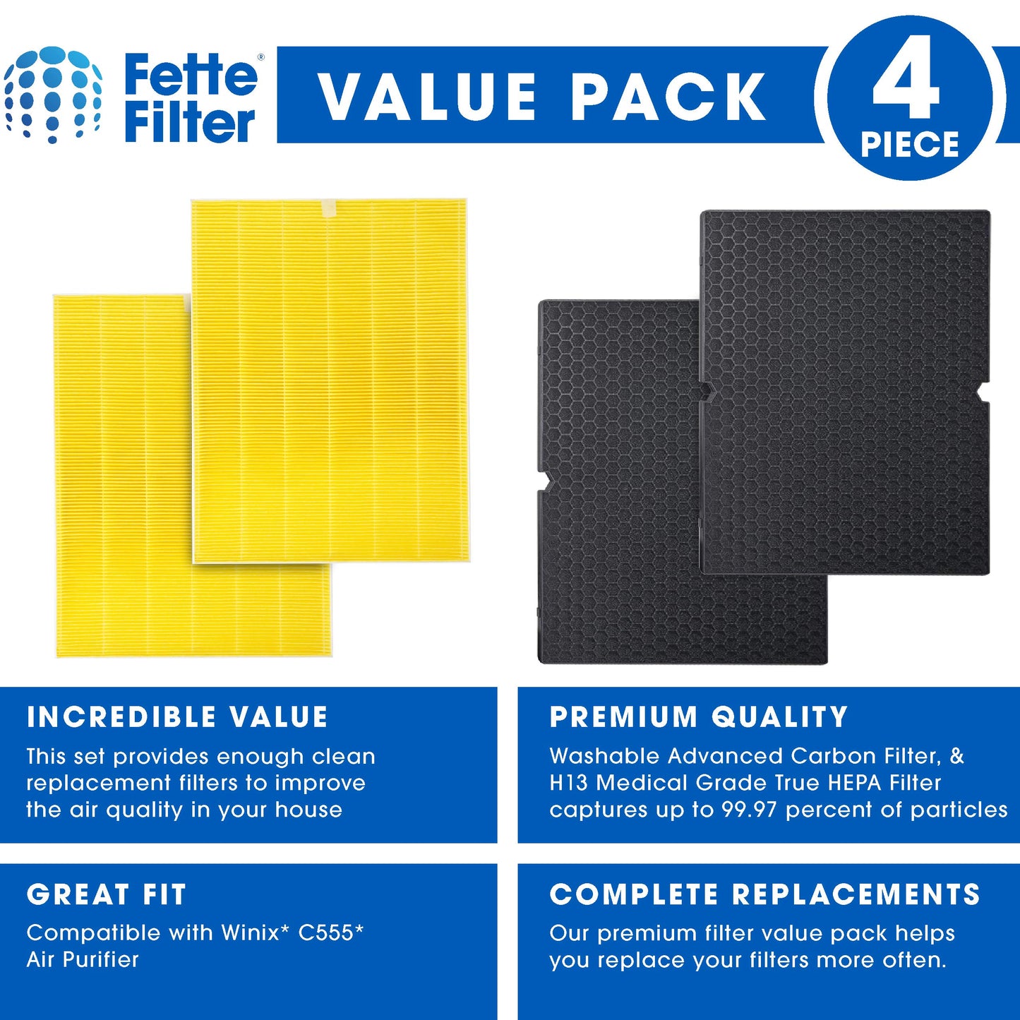 Fette Filter - 116131 H13 True HEPA Replacement Filter I Compatible with Winix Filter I for C555 Air Cleaner Includes 2 HEPA Filters + 2 Washable Enhanced Activated Carbon # 116131