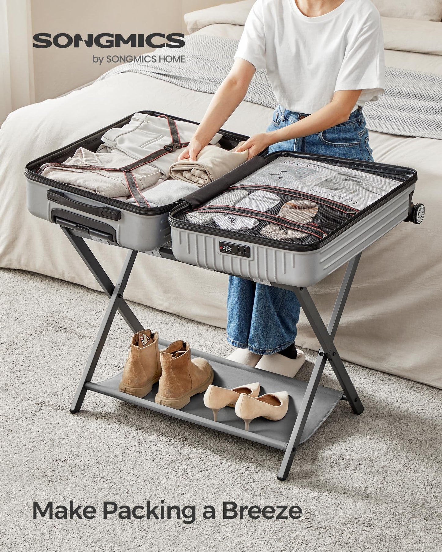 SONGMICS Luggage Racks for Guest Room, Set of 2, Suitcase Stand with Storage Shelf, Steel Frame, Foldable for Easy Storage, Hotel, Bedroom, Slate Gray URLR003G02