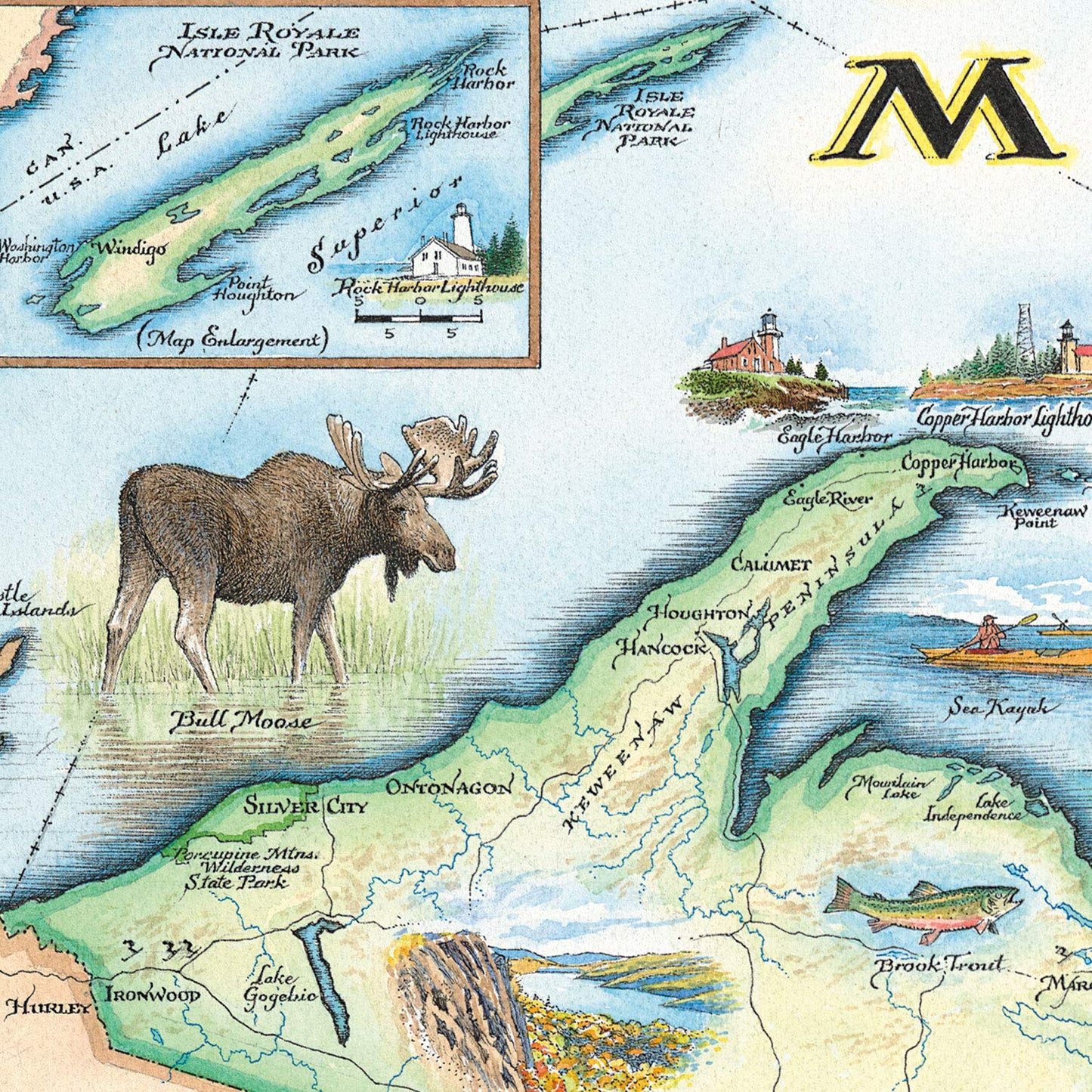 Xplorer Maps Michigan Hand-Drawn Map – 24x18 Vintage-Style Lithographic Print – Made in USA