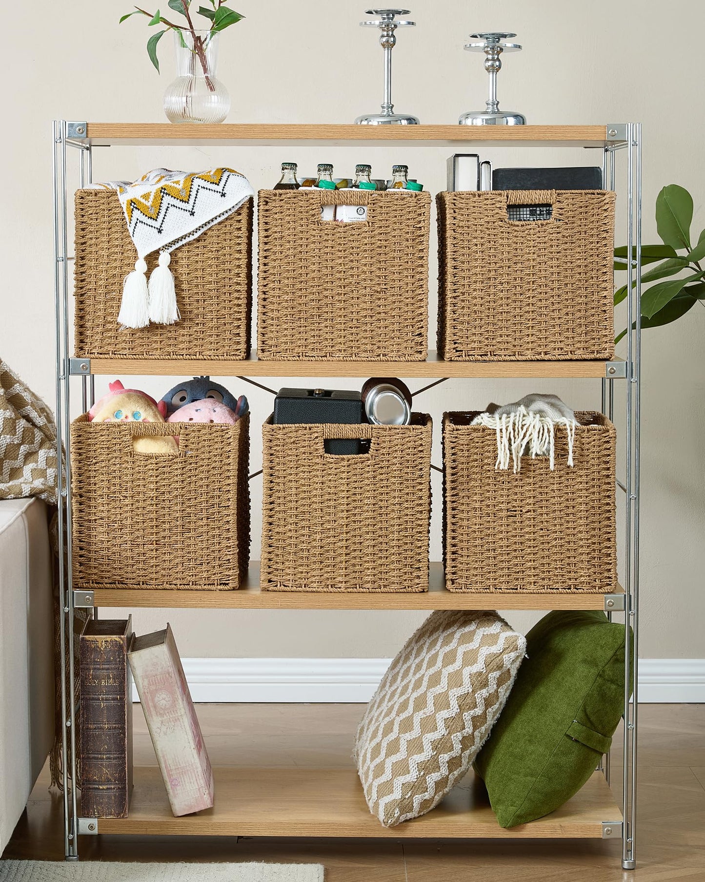 Paper Woven Foldable Storage Baskets 4 Pack, 11 Inch Cube Storage Bins, Handmade Paper Material Collapsible Organizer for Shelves & Home Organization, Ideal for Clothes Books Toys Snacks (Natural)