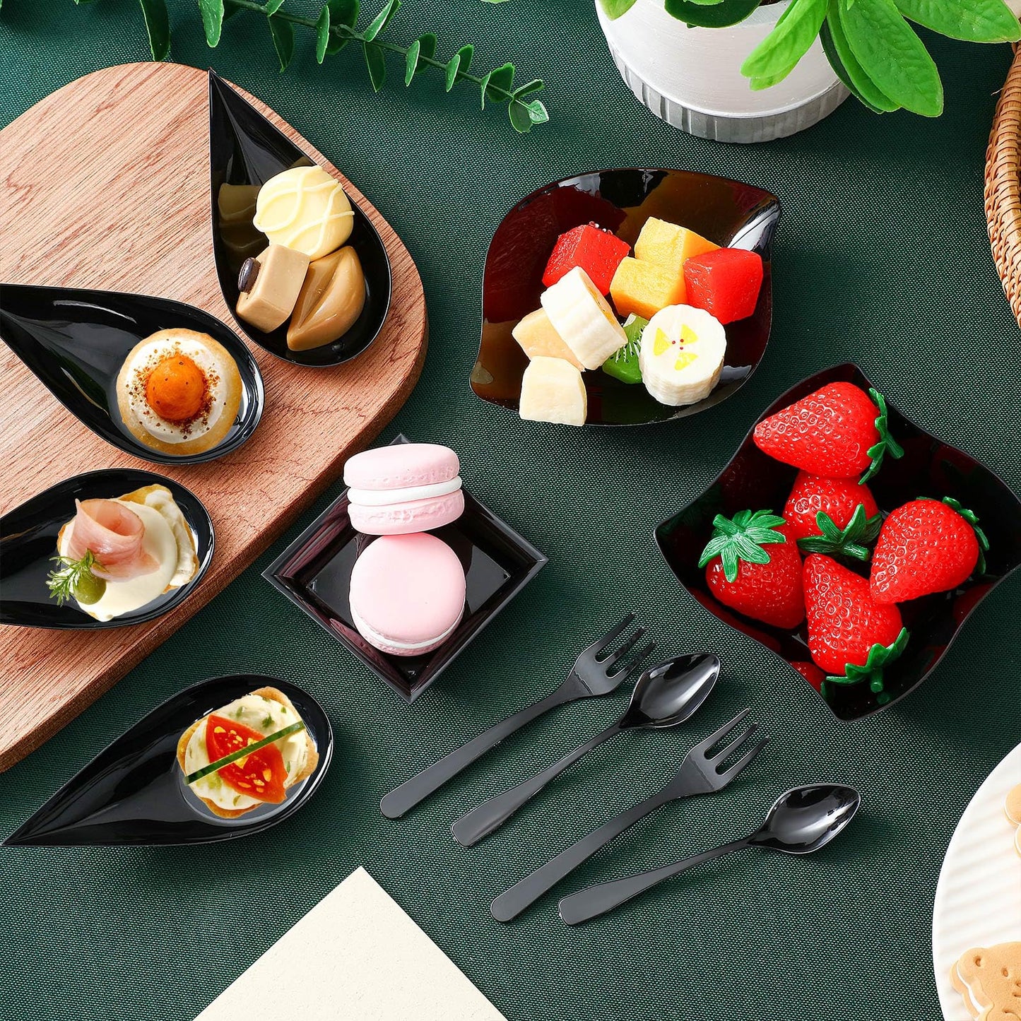 Tessco for you 800 Pcs Mini Appetizer Plates Set Including 400 Disposable Dessert Plates Assorted Shape 200 Mini Plastic Forks 200 Plastic Spoons for Party (Classic Style, Black)