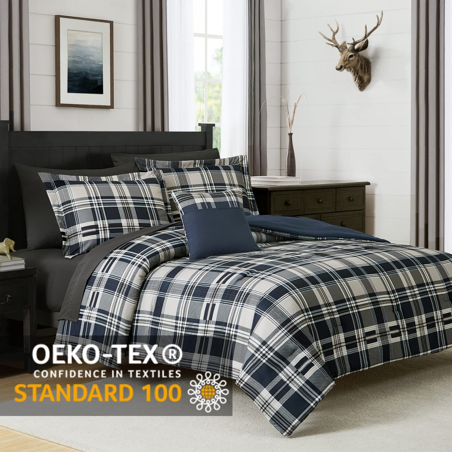 MaiRêve Queen Comforter Set, Plaid Design Comforter Set 7 Pieces, All Season Comfortable Bedding Sets Queen, Lightweight, Warm and Breathable (Navy Blue, Queen, 90"x90")