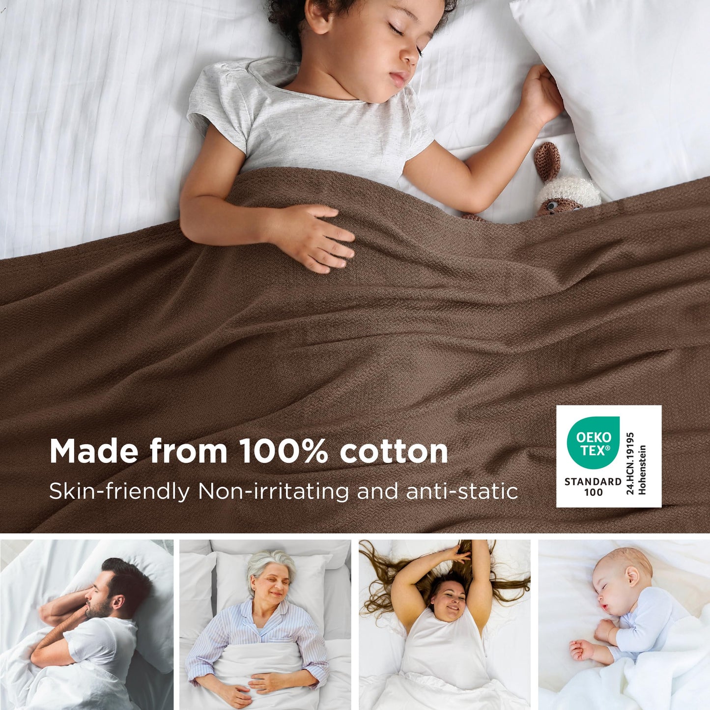 Bedsure GentleSoft 100% Cotton Blanket King Size for Bed - Breathable and Lightweight, Soft Cozy Textured Herringbone Woven Blanket for Summer, Brown, 108x90 inches