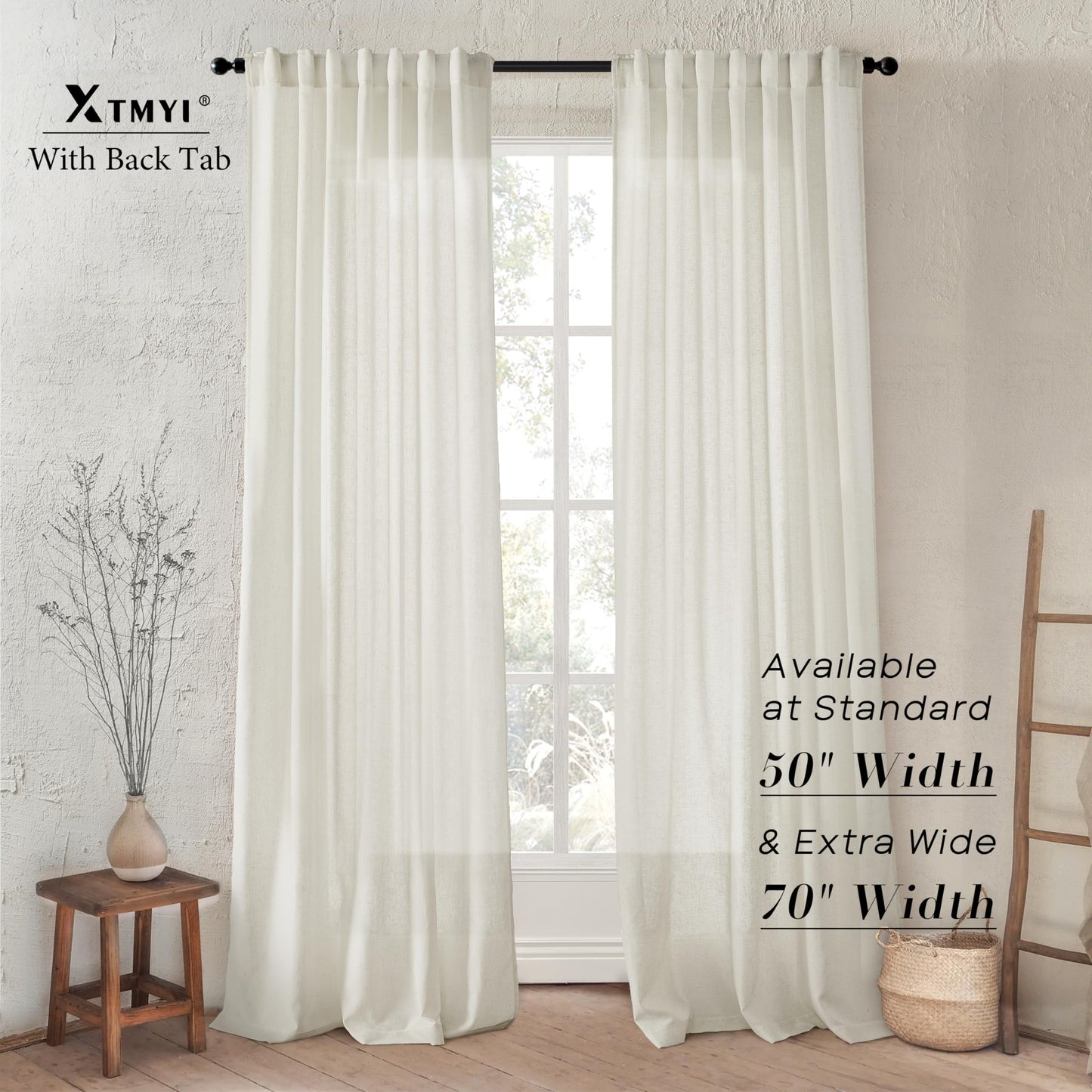XTMYI 108 Inch Linen Curtains, Extra Long Ceiling Curtain for Track System with Hooks, Sheer Light Filitering 9FT 9 FT Curtains for Living Room Bedroom, Set of 2 Panel, Cream