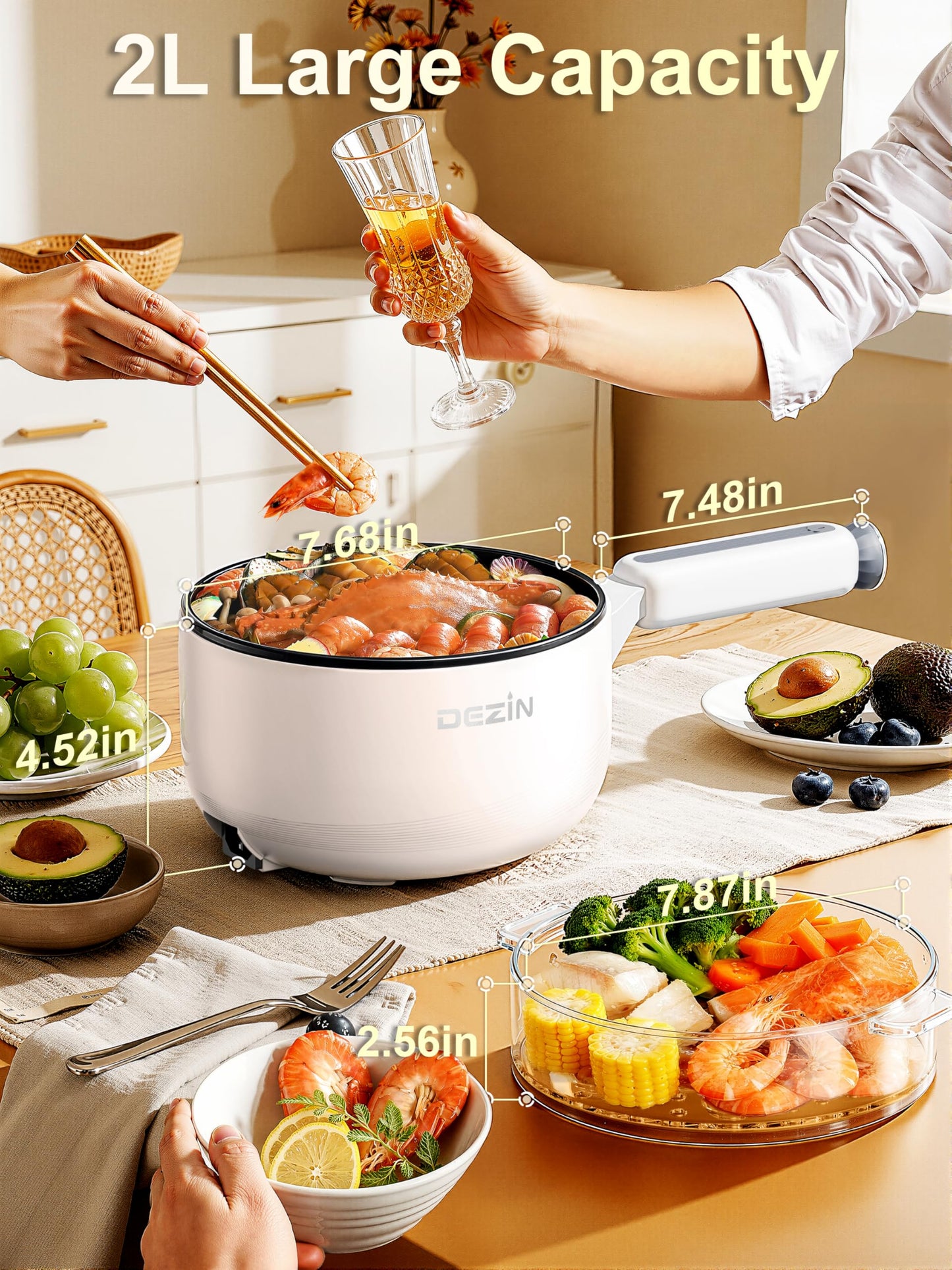 Dezin Electric pot with Steamer, 2L Non-Stick Sauté Pan, 5-in-1 Multifunctional Hot Pot Electric for Steak, Fried Rice, Oatmeal, Soup, Dual Power Control, Portable Pot for Dorm, Office & Small Kitchen