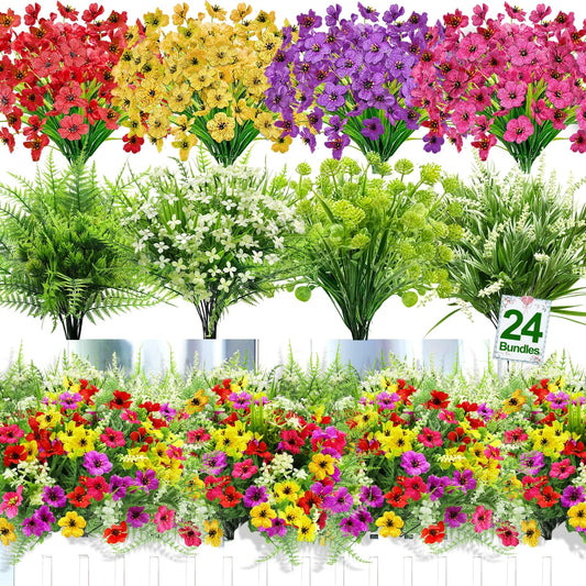 24 Bundles 8 Styles Artificial Flowers for Outdoors UV Resistant Fake Flowers Faux Plastic Plants Colorful Daisy Boston Fern Lavender Cemetery Flowers for Outside Indoor Home Porch Patio Spring Decor