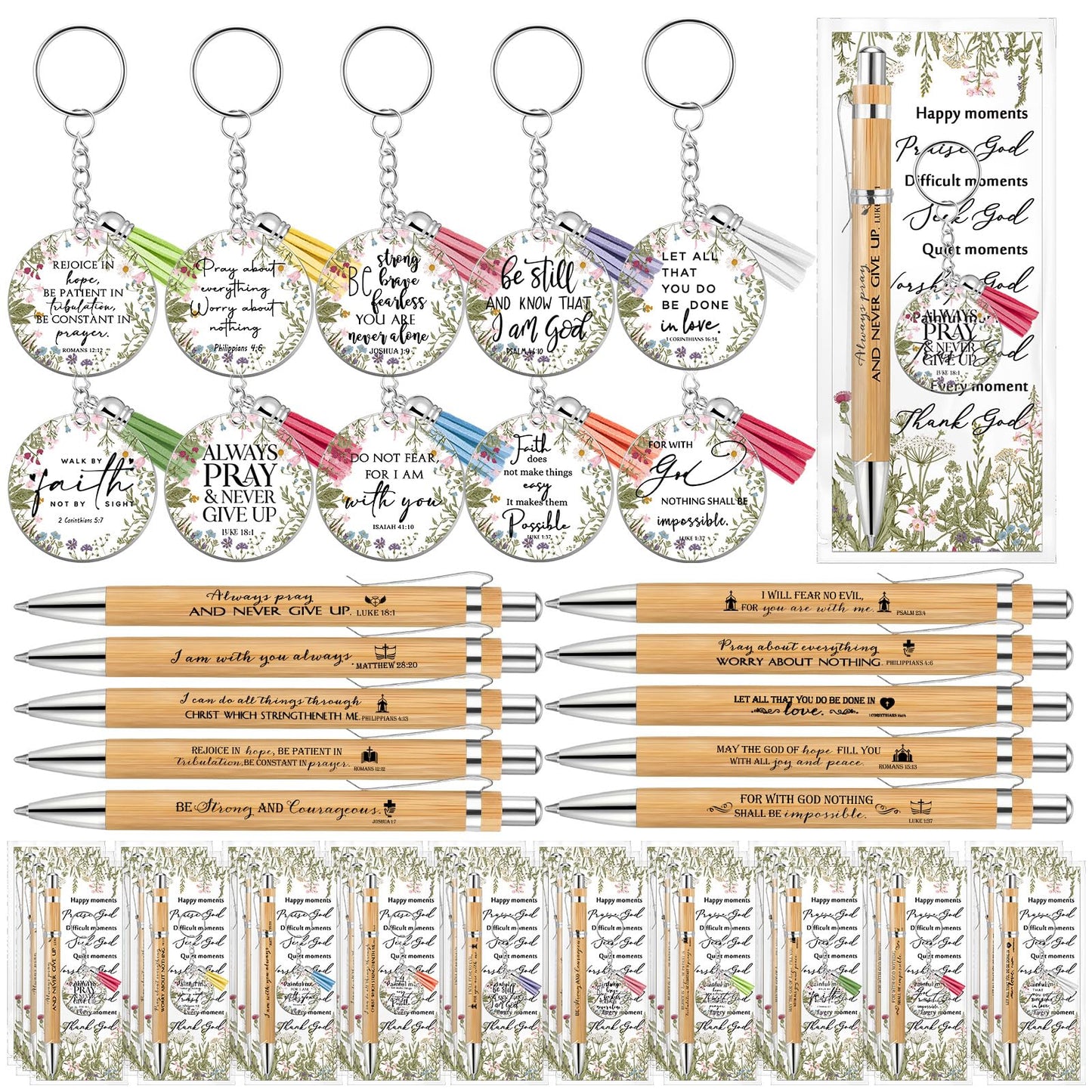 Spakon 50 Sets Fathers Day Christian Gifts Bulk Bible Verse Bamboo Pen Christian Floral Keychain Inspirational Bookmark Religious Church Gift for Church Members Women Sunday School Teacher (Bible)