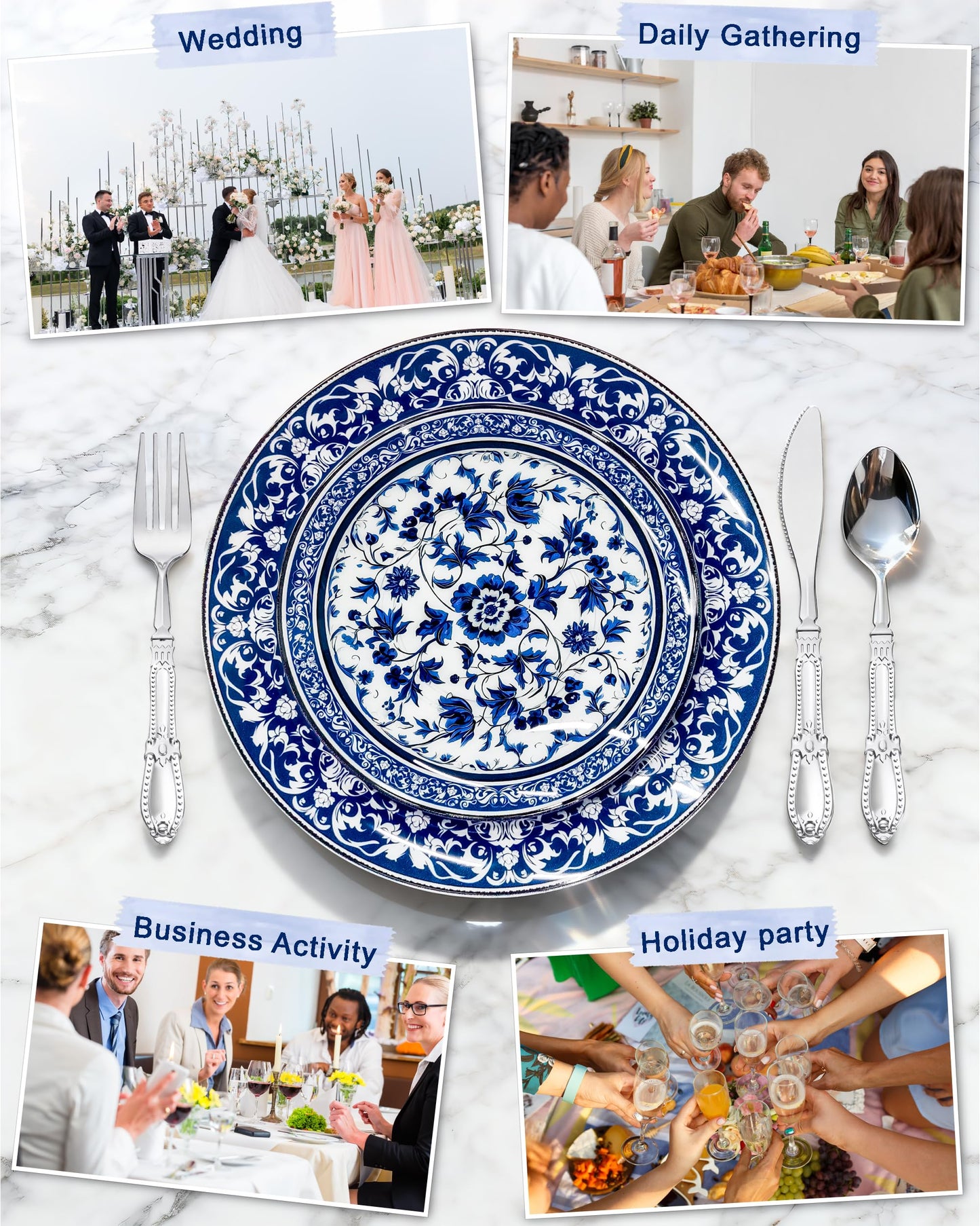 Hioasis 60pcs Blue Plastic Plates Set - Floral Blue & White Porcelain Design, 10.25" Dinner & 7.5" Dessert Plates Disposable for Memorial Day & Wedding (Dishwasher Safe, Art Style)